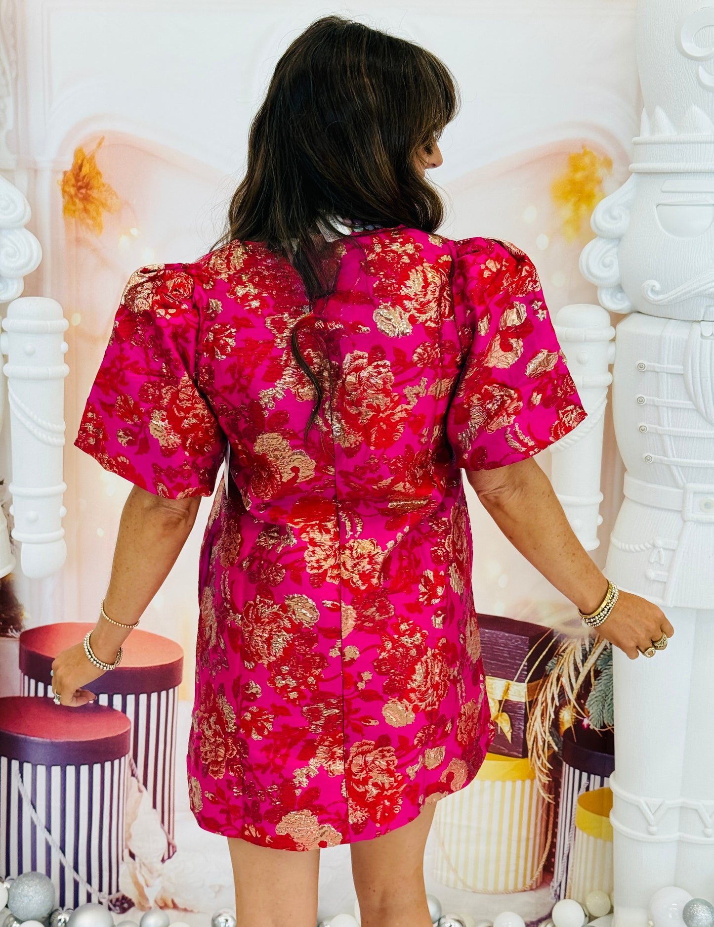 Hot Pink Brocade Oversized Sleeves Mini Dress (Reg. & Plus)