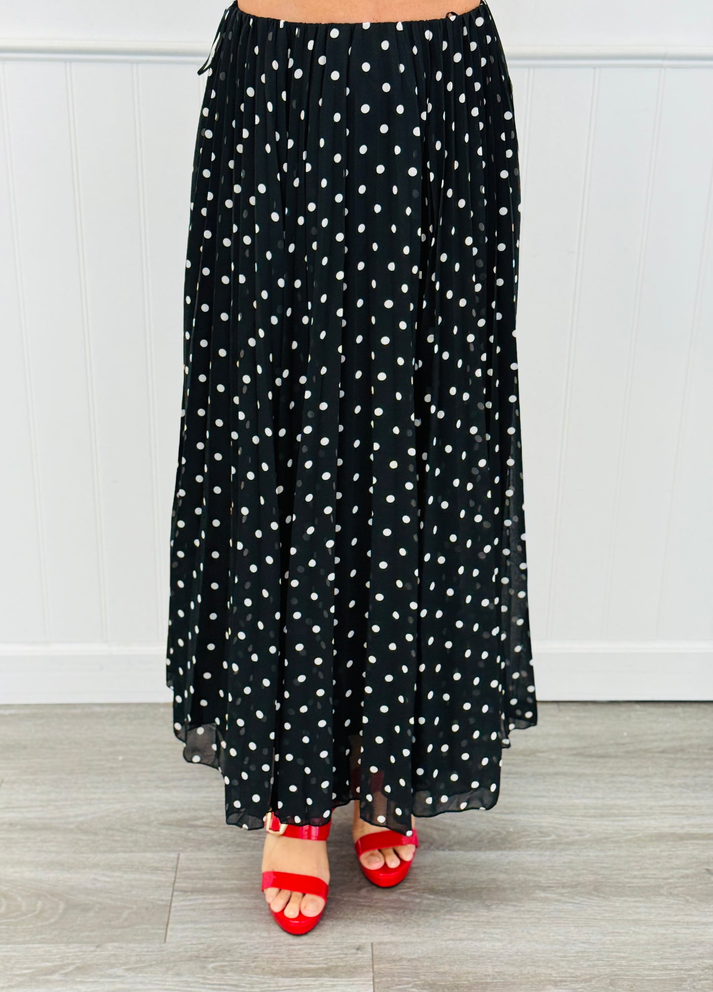 Black Polka Dot Pleated Midi Skirt (Reg & Plus)