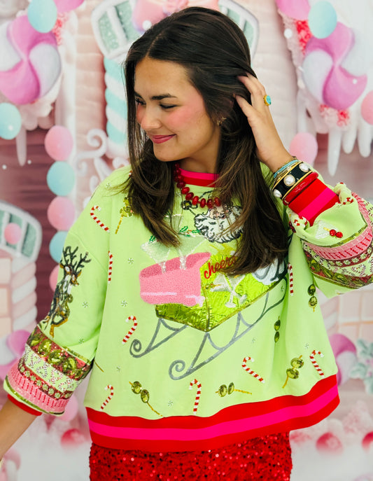 Queen Of Sparkles Light Green Martini Vintage Santa Sweatshirt (Reg. & Plus)