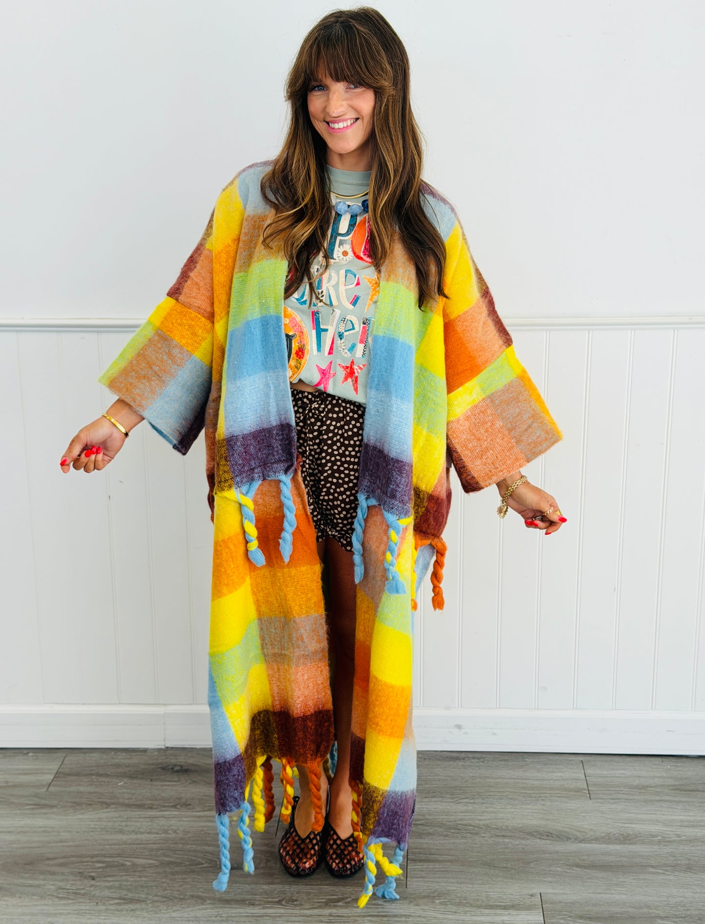 Multi Gold Print Squares Tassel Fringe Maxi Cardigan (OS)