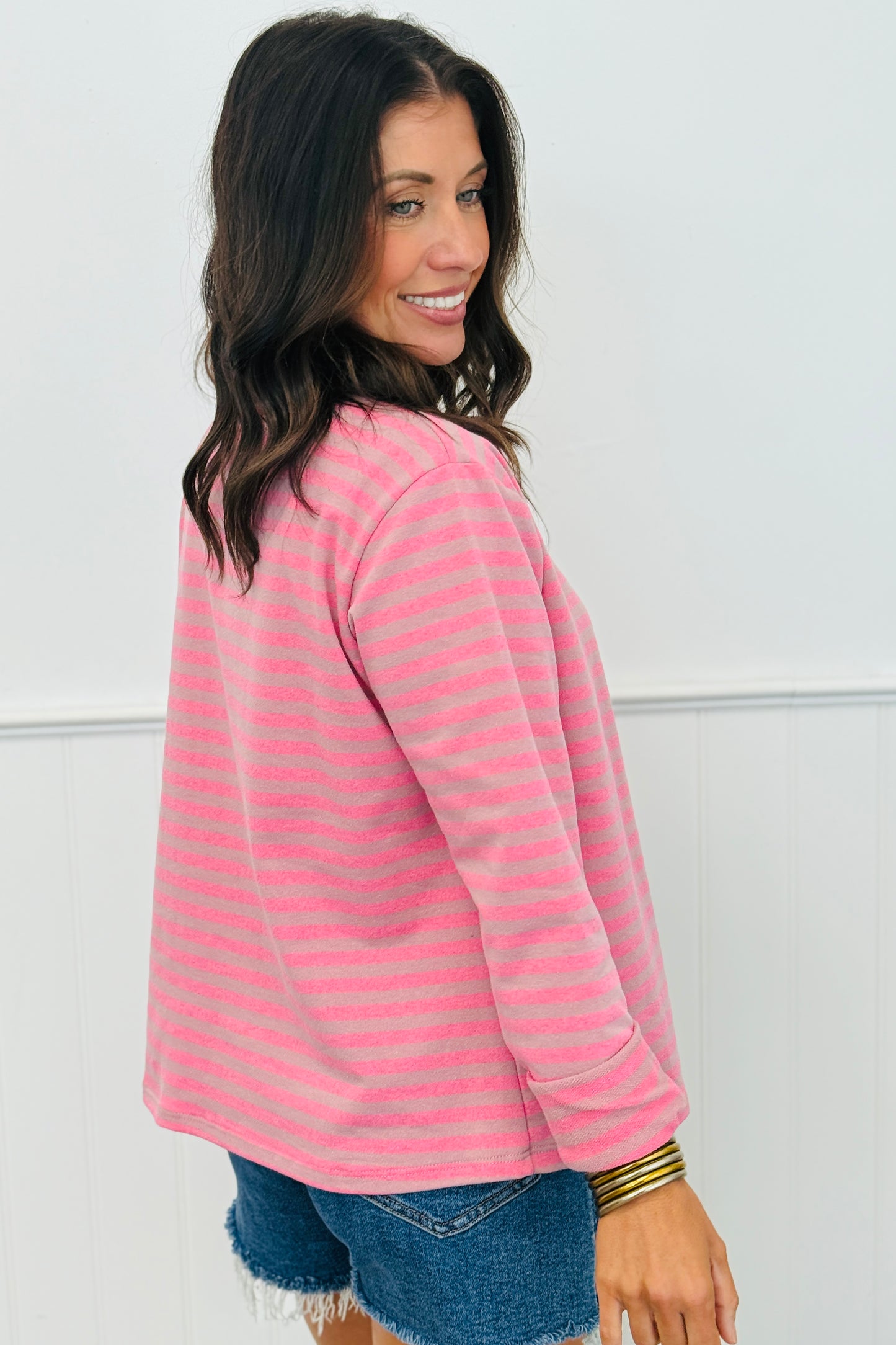 Taupe/Pink Striped Cami Top & Button Up Cardigan (One Size)