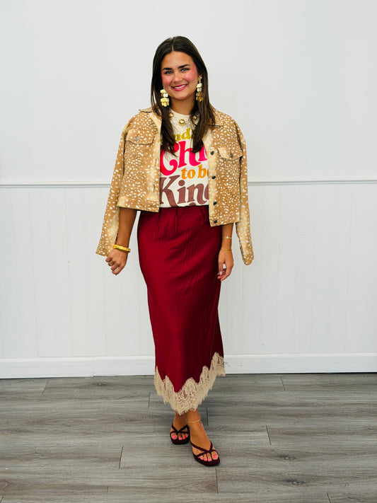 Dk Red Lace Trim Midi Skirt (Reg and Plus)