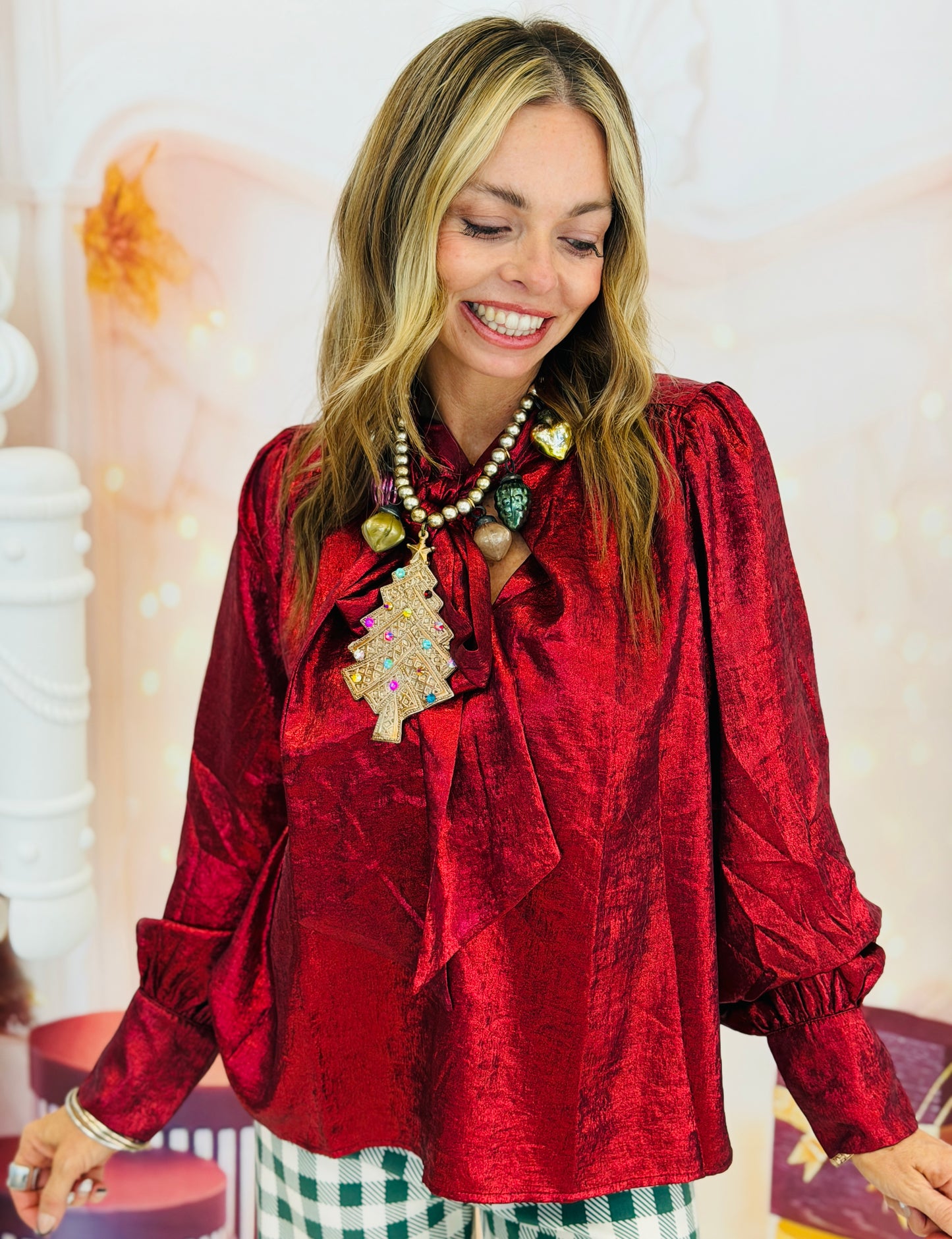 Ruby Red Metallic Bow Tie Blouse (Reg.)