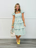 Teal Blue Floral Jacquard Tiered Midi  Dress (Reg.)