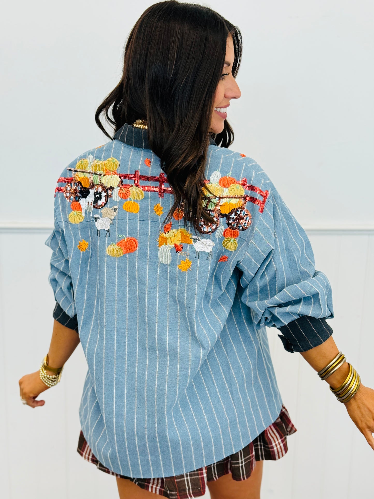 Queen Of Sparkles Denim Striped Pumpkin Farm Button Up Top (Reg. and Plus)