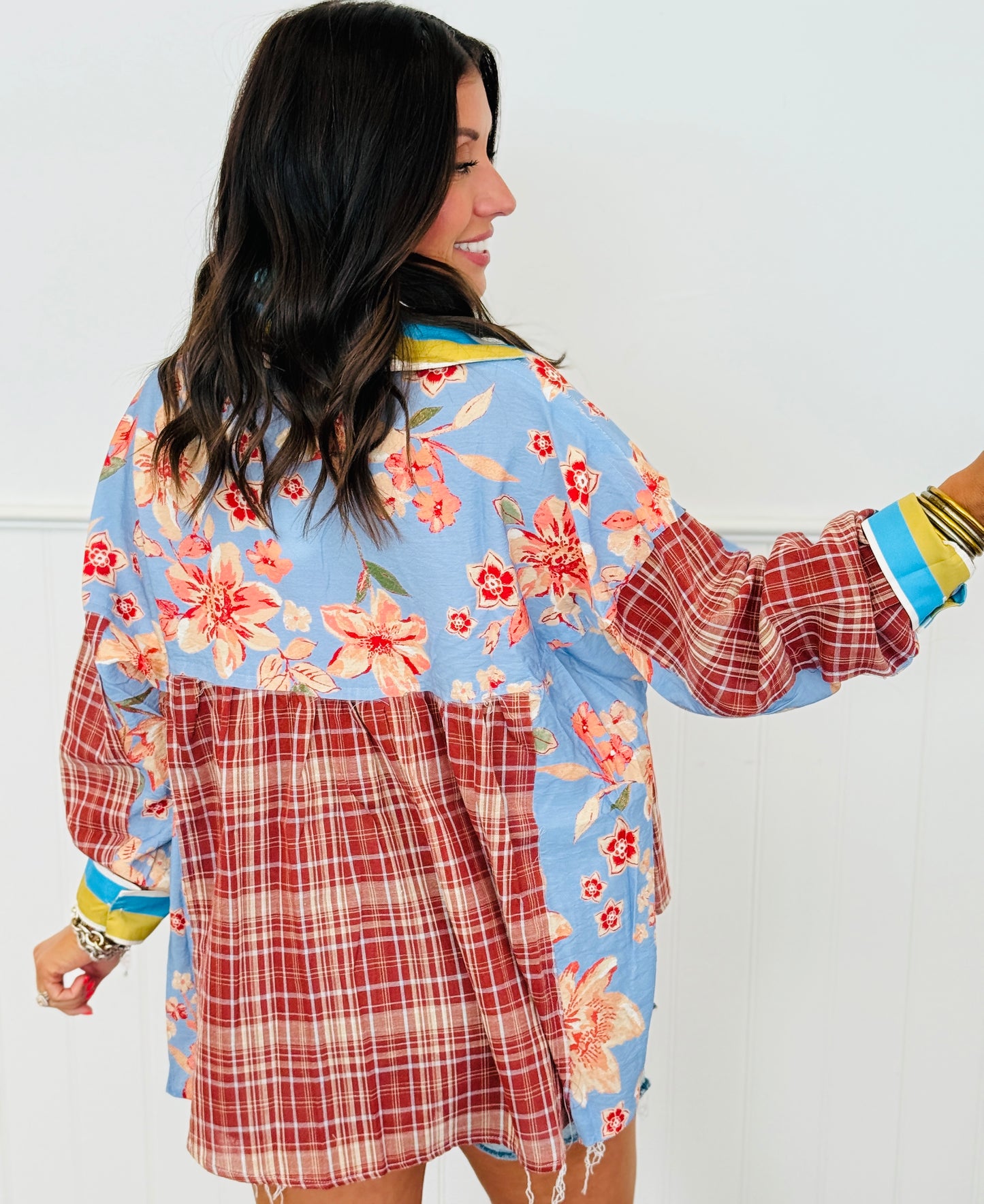 Red Plaid Multi Mixed Print Button Up Top (Reg. and Plus)