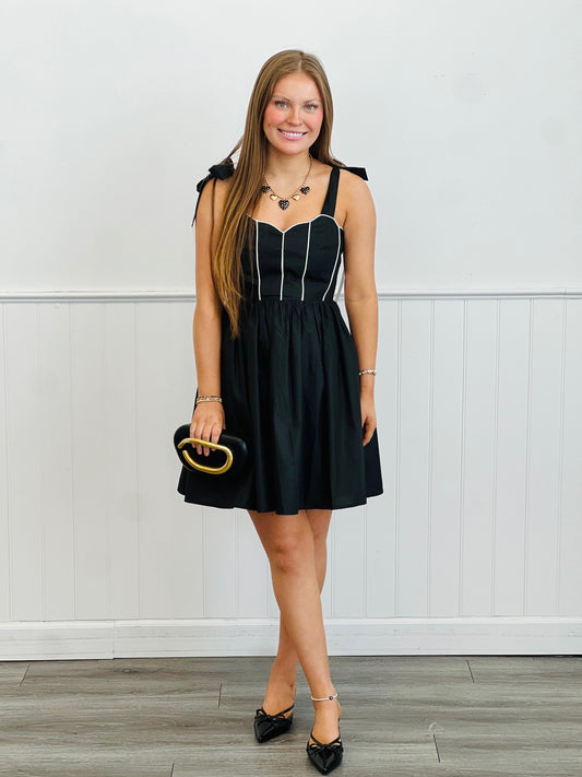 Black Bow Tie Shoulder Straps Mini Dress (Reg.)