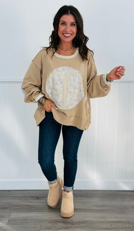 POL Beige Long Sleeve Thermal Peace Patch Top (Reg.)