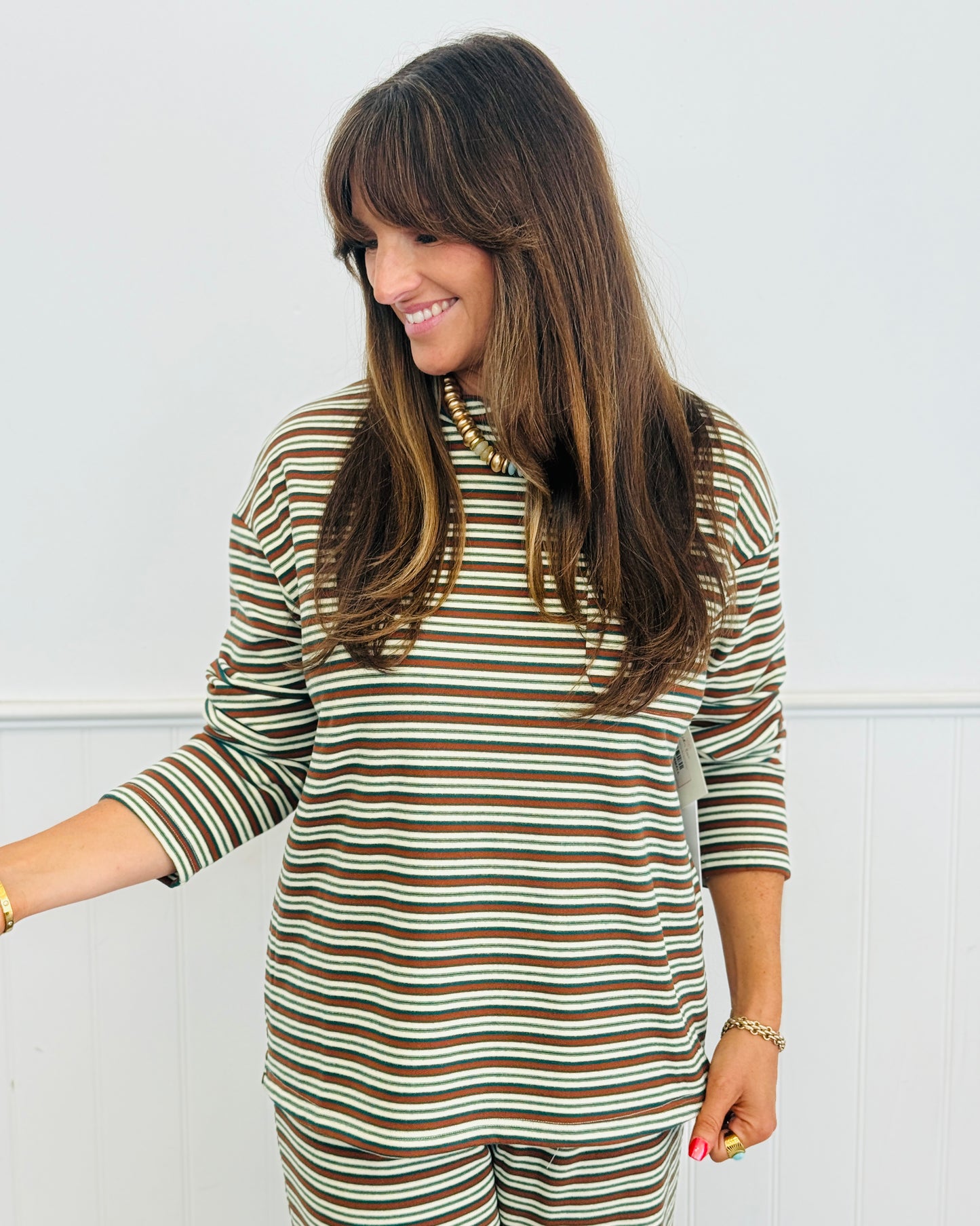 Green Multi Stripe Soft Knit Mock Neck Top (Reg.)