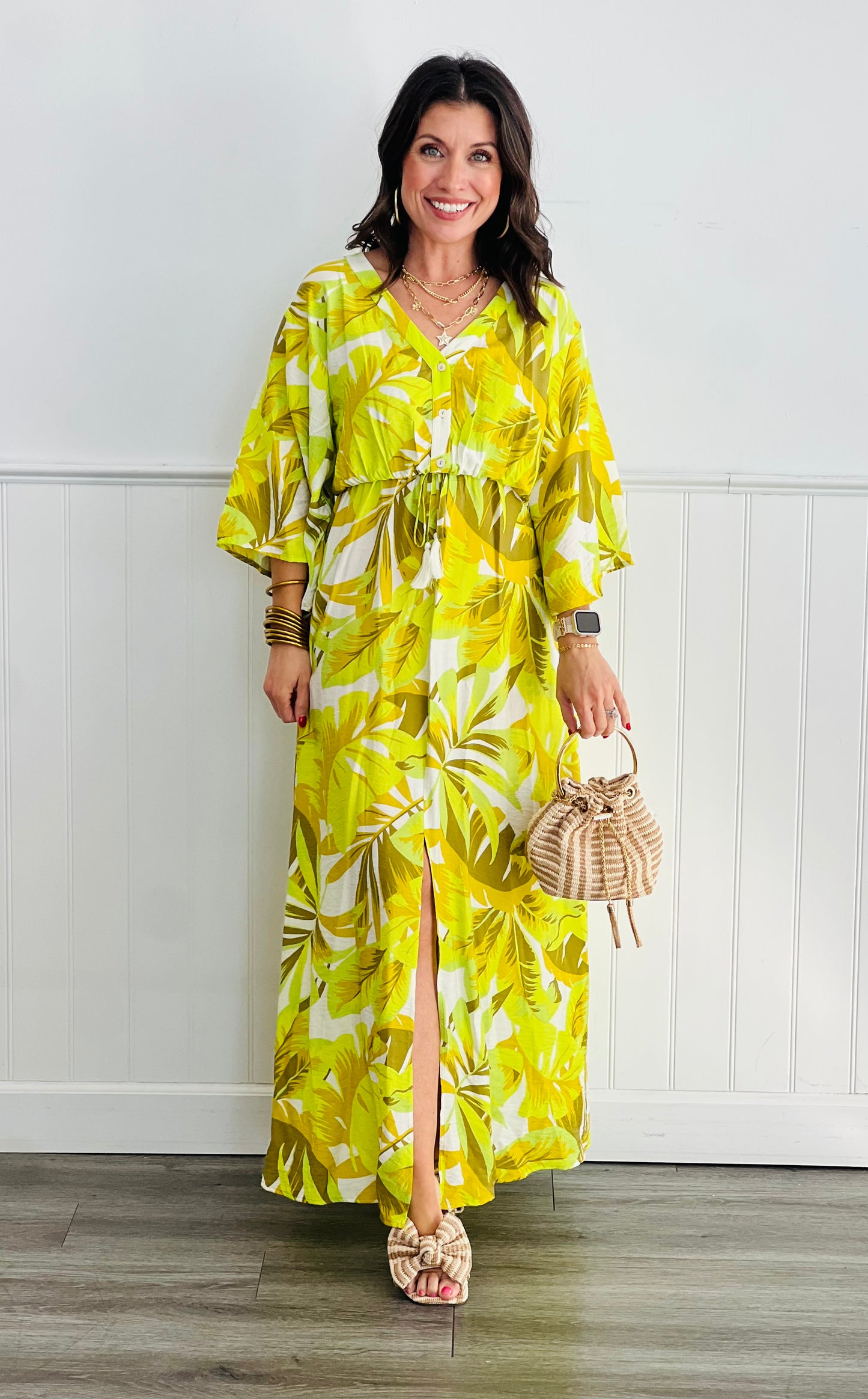 Tropical Leaf Caftan Maxi Dress (Reg & Plus)