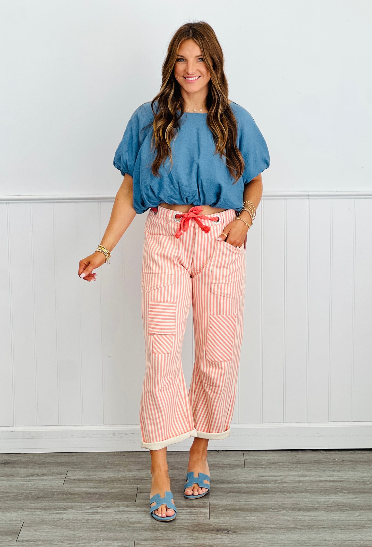 Coral Peach Striped Twill Barrel Pants (Reg & Plus)