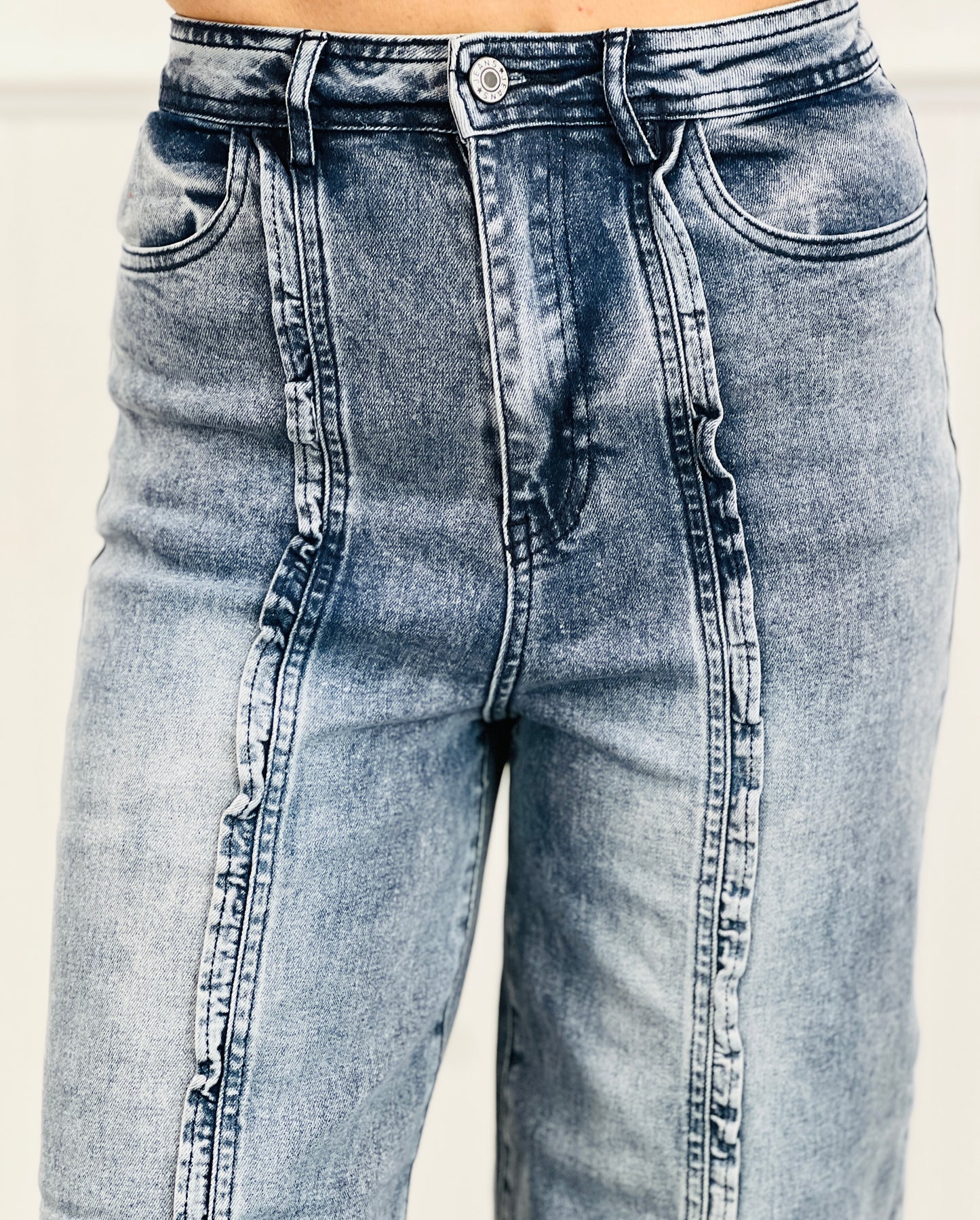 Denim Ruffle Trim High Waist Pants (Reg. and Plus)