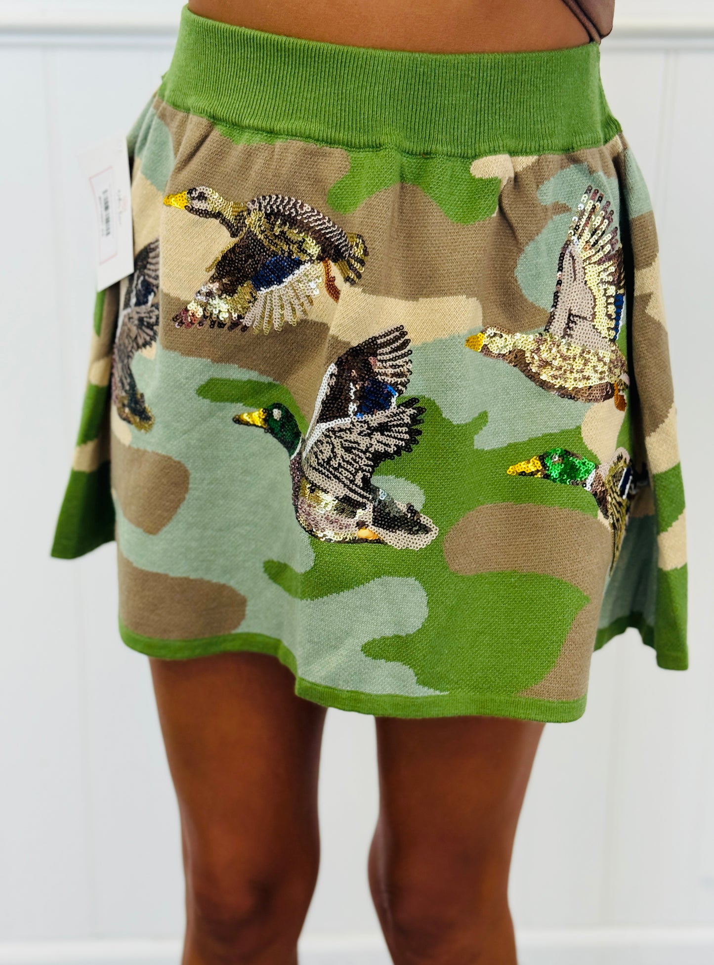 Queen Of Sparkles Green Camo Ducks Knit Skirt (Reg. and Plus)