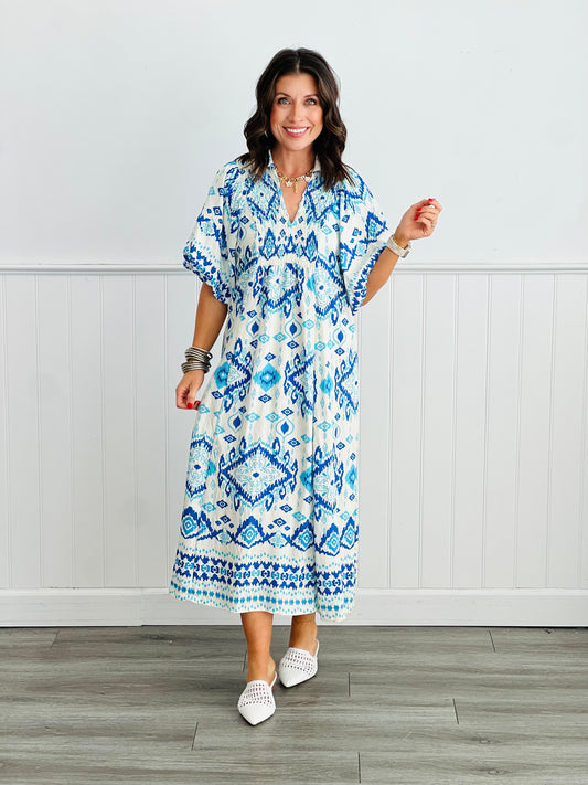 Blue Mix Abstract Print Midi Dress (Reg & Plus)