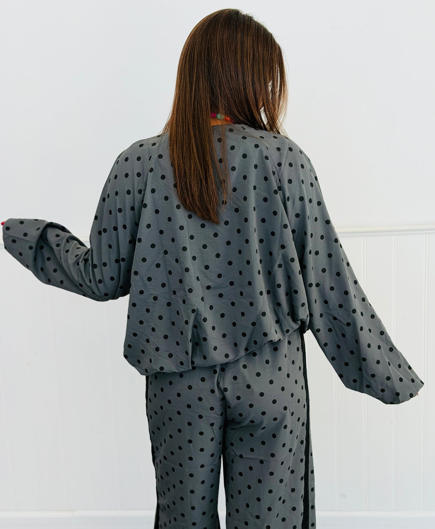 Charcoal Polka Dot Zip Up Bomber Jacket (Reg & Plus)