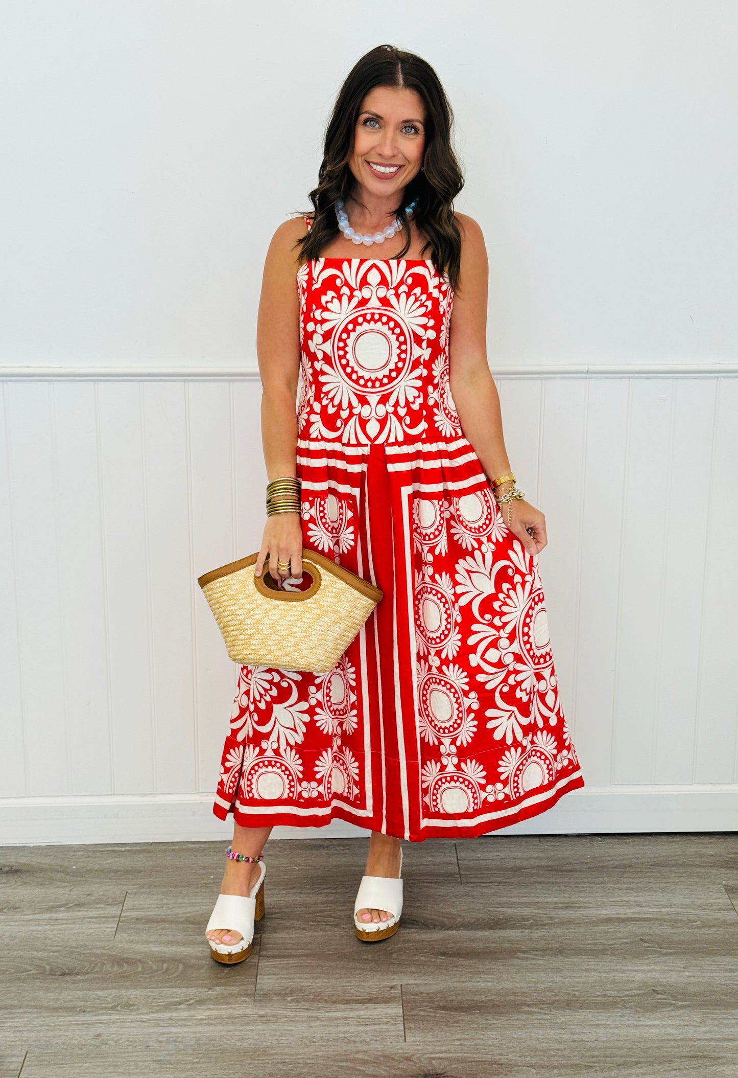Red/Ivory Printed Midi Dress (Reg.)