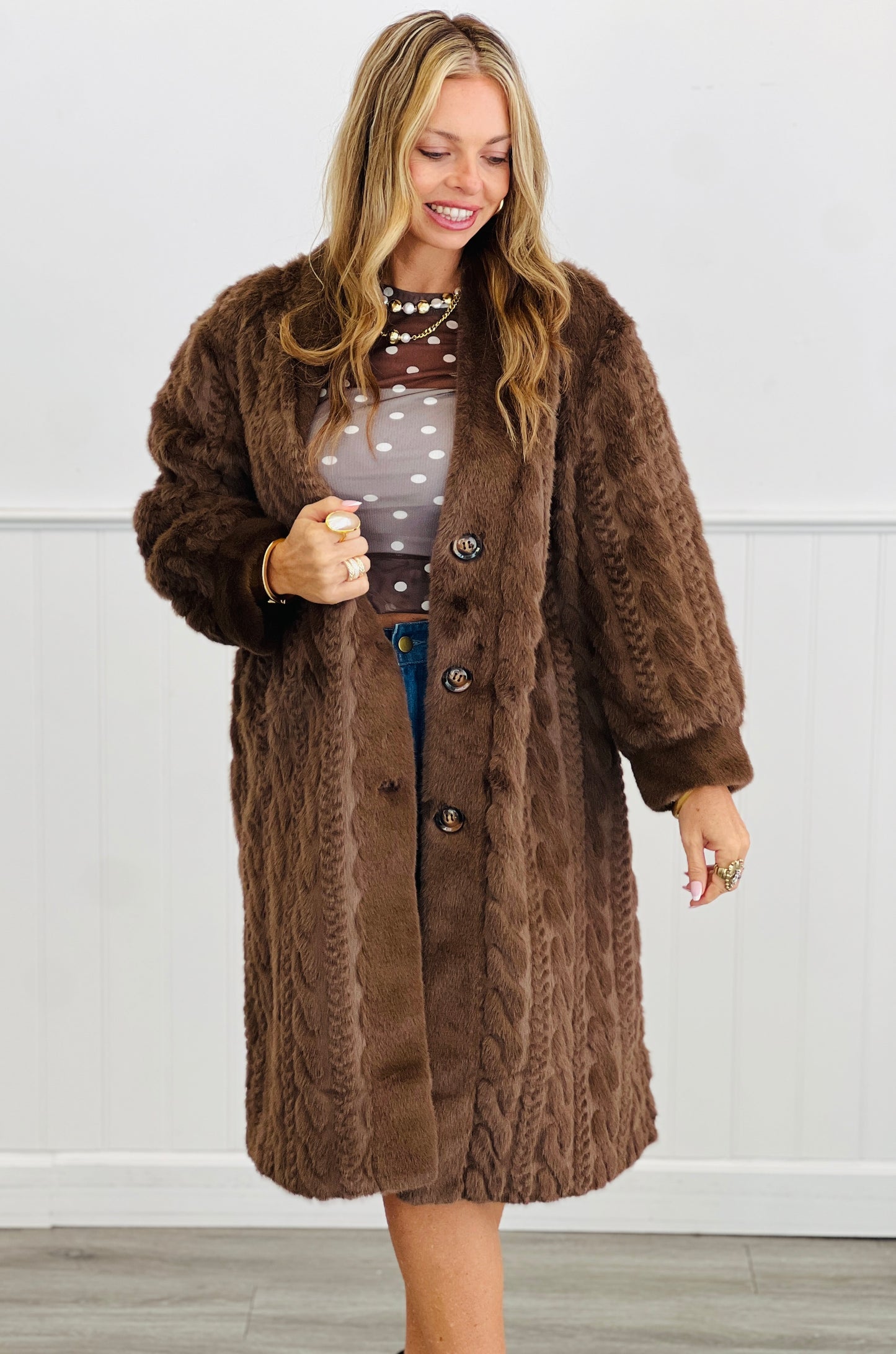 Brown Fuzzy Fur Patterned Longline Coat (Reg & Plus)