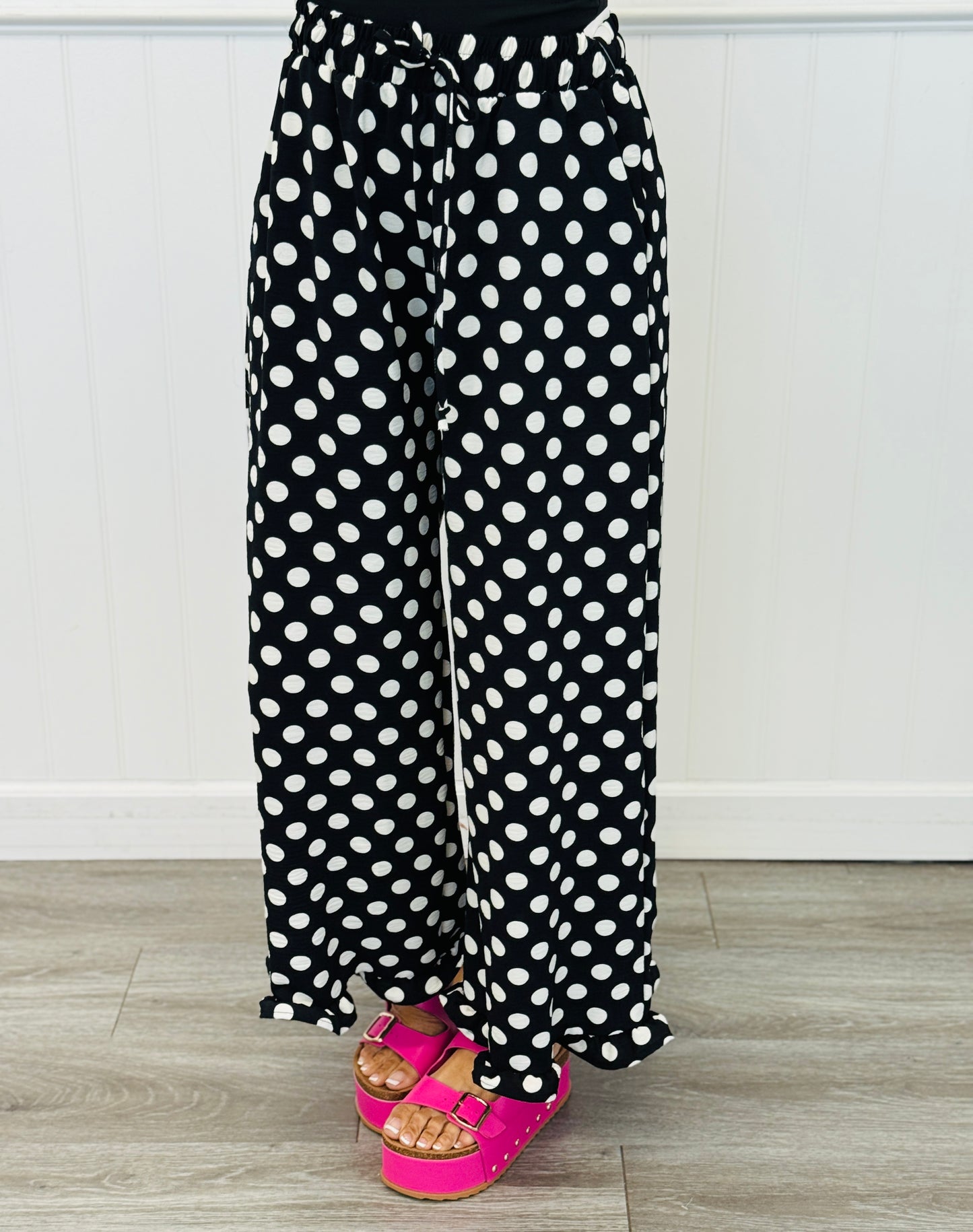 Black/White Polka Dot Ruffle Hem Pants (Reg. and Plus)