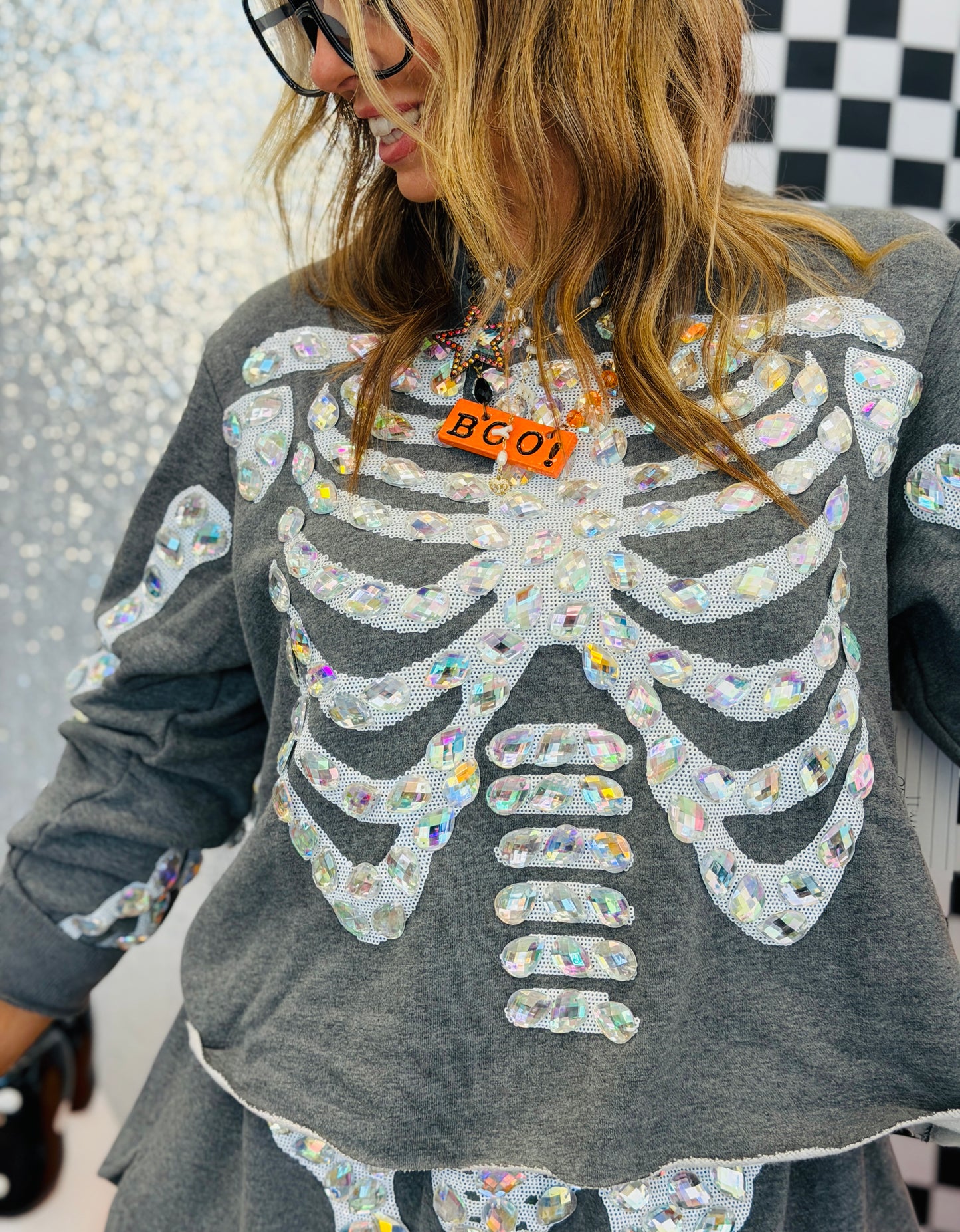 Queen Of Sparkles Charcoal Iridescent Jeweled Skeleton Sweatshirt (Reg. and Plus)