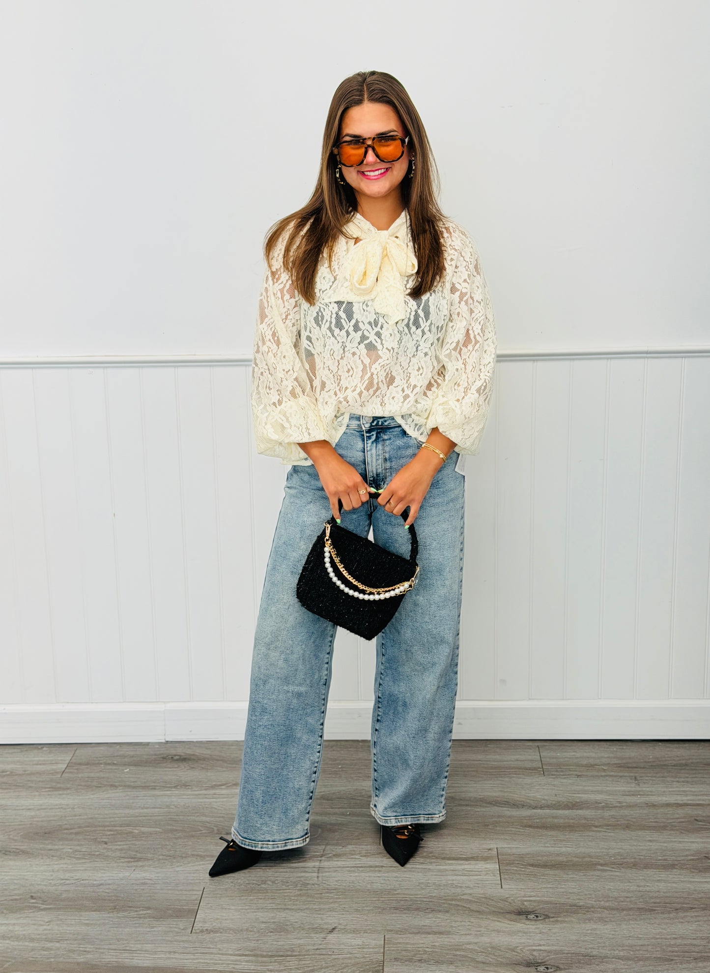 Sheer Lace Tie Neck Blouse (Reg.) - 2 Colors