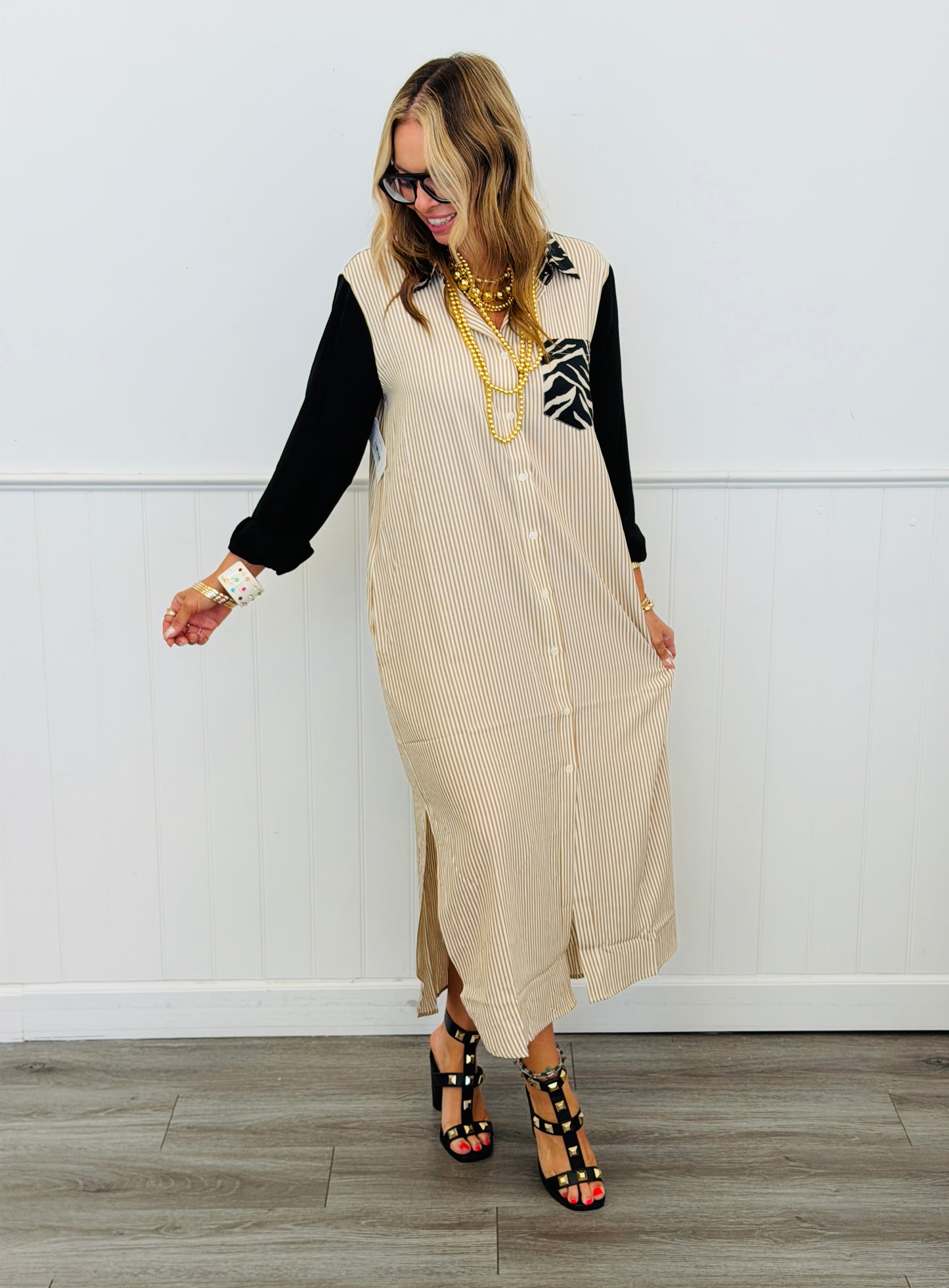 Black/Ivory Contrast Zebra Print Shirt Dress (Reg & Plus)