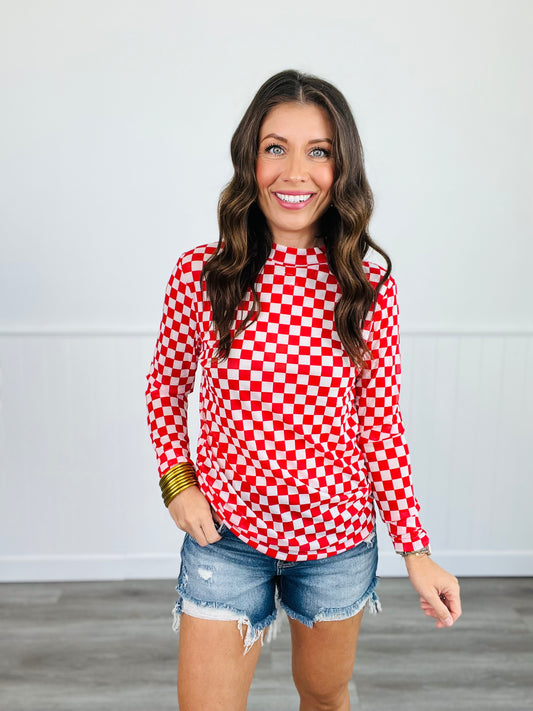 Red & White Checkered Mesh LS Top (Reg. and Plus)