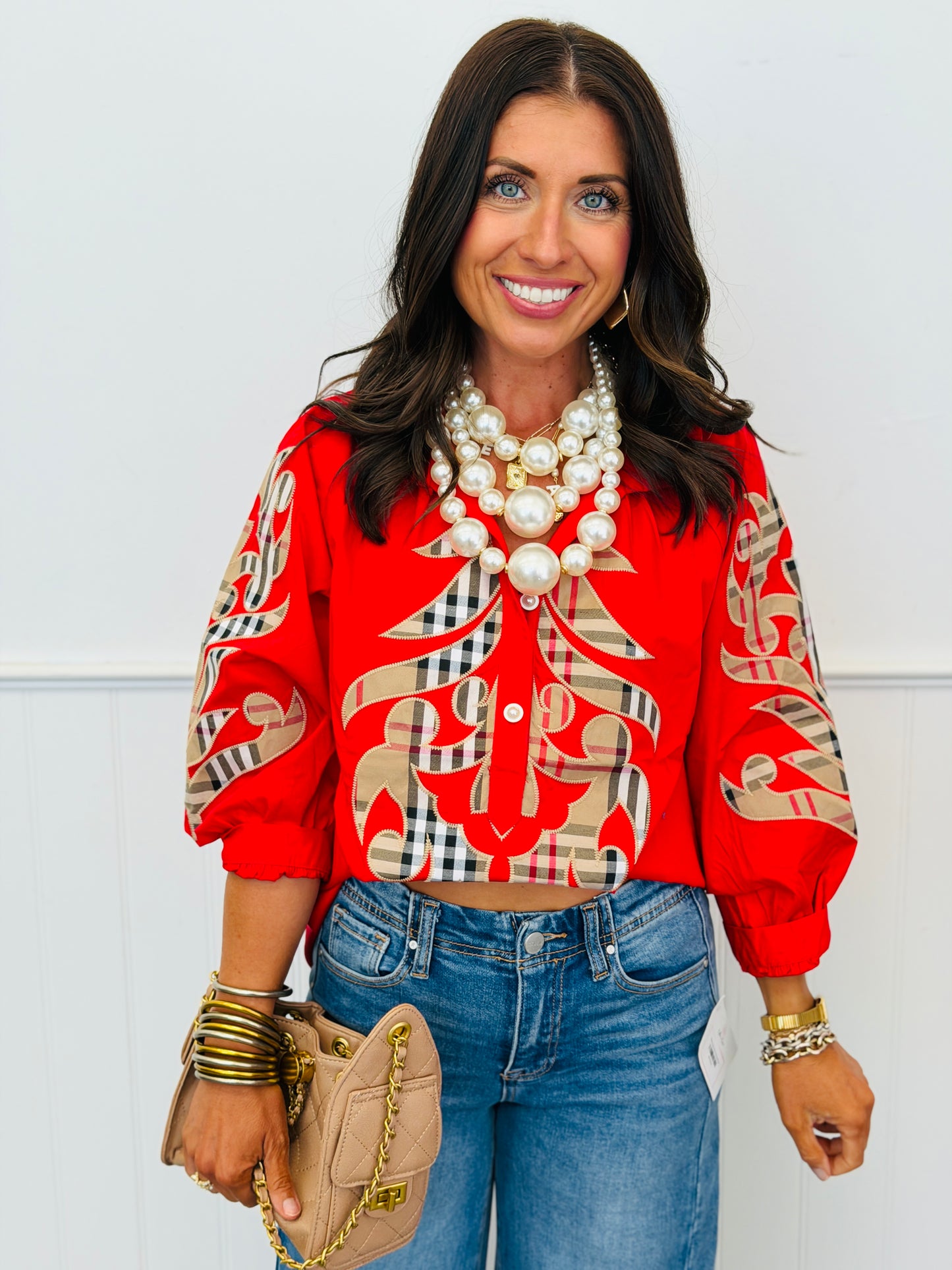 Red Plaid Baroque Applique Blouse (Reg.)