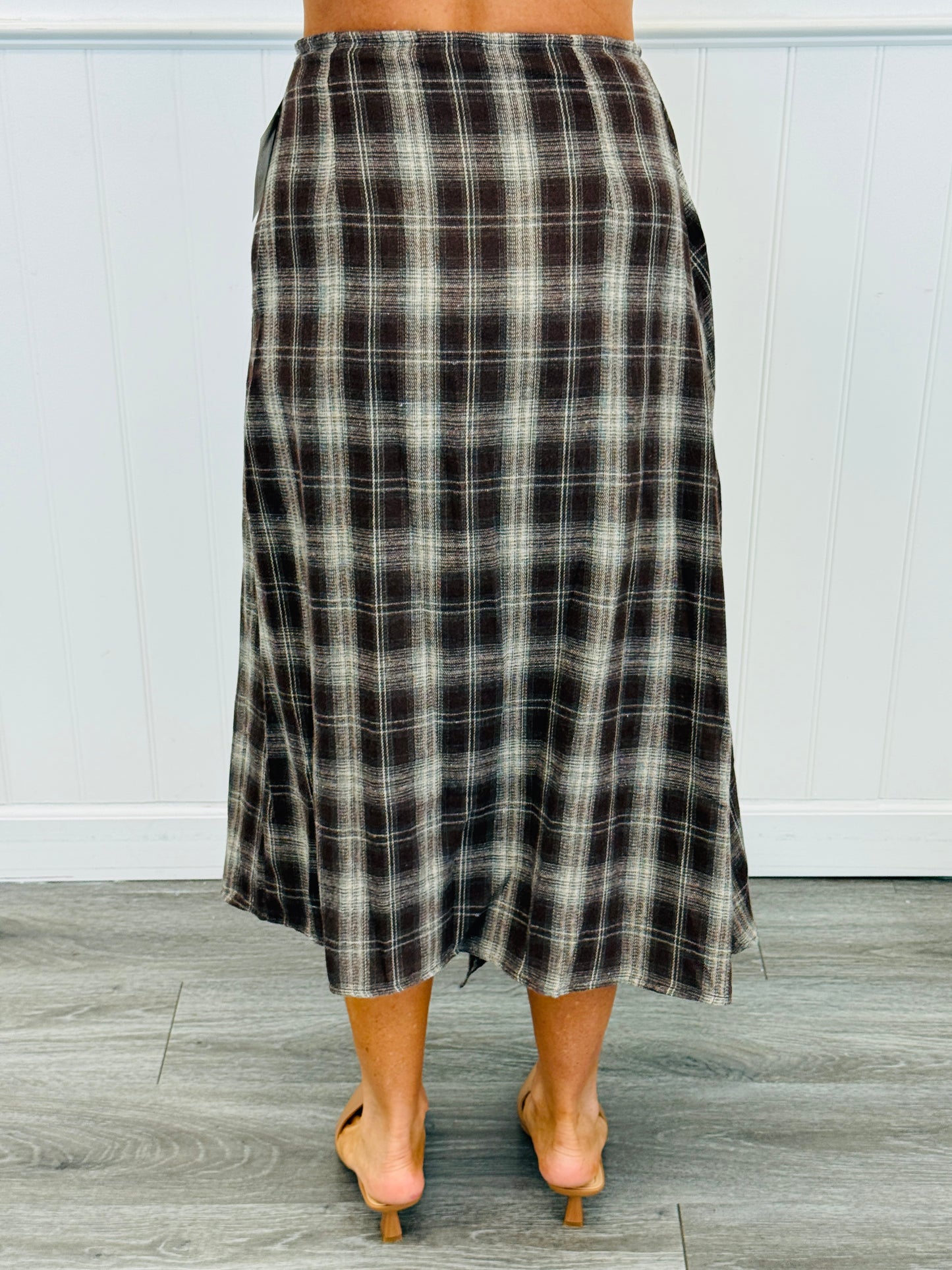 Dark Walnut Combo Plaid Wrap Midi Skirt (Reg & Plus)