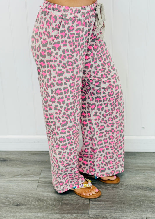 Taupe/Pink Leopard Wide Leg Pants (One Size)