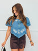 Medium Denim Embroidered Bubble Sleeve Top (Reg.)