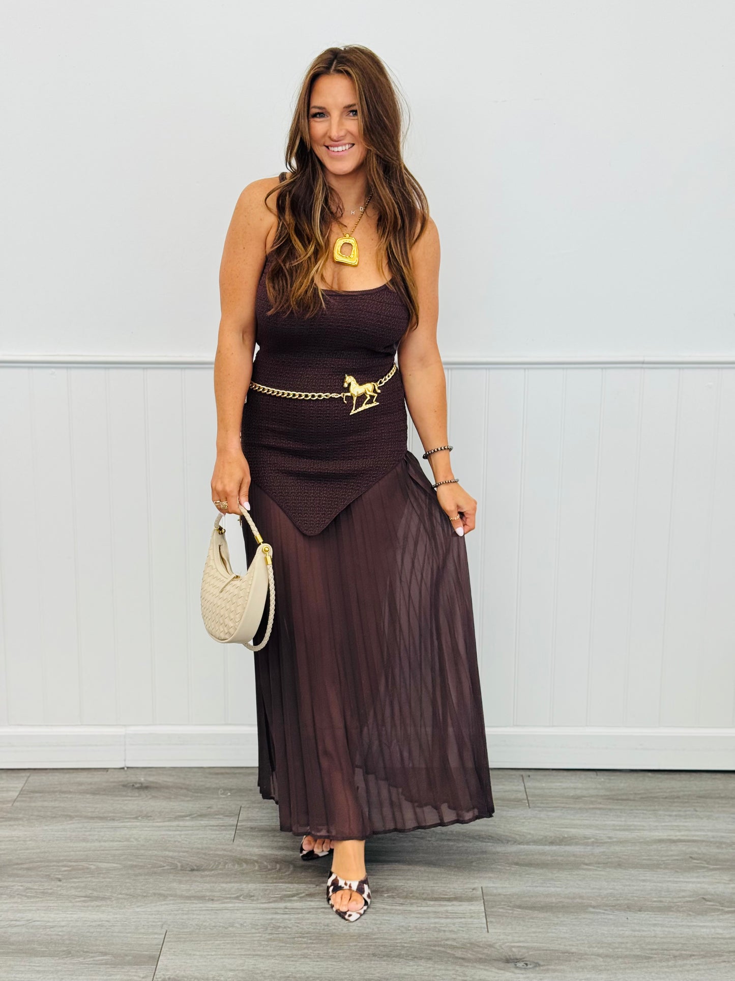 Brown Sleeveless Sheer Midi Dress (Reg.)