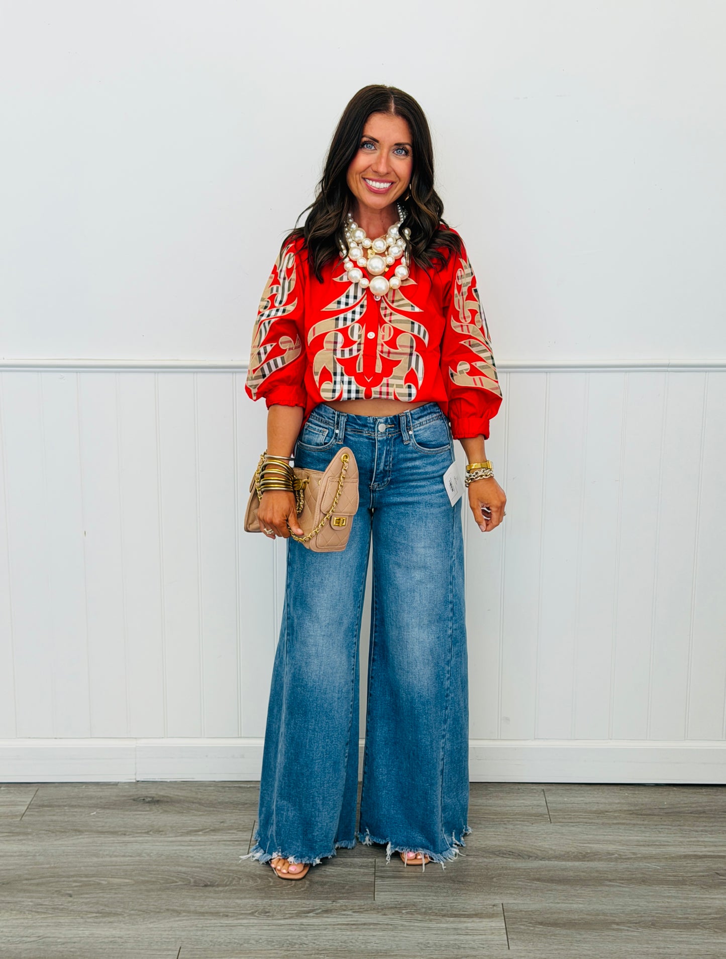Red Plaid Baroque Applique Blouse (Reg.)