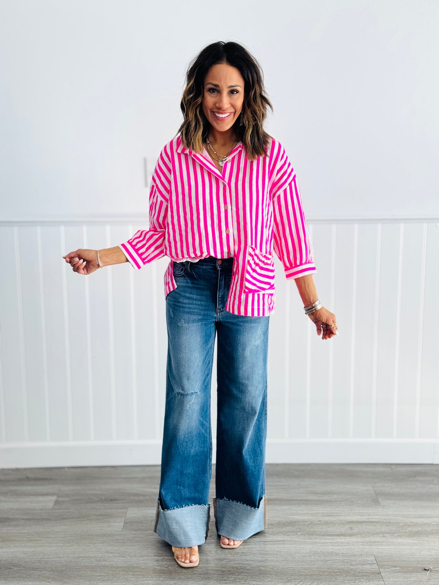 Striped Button Down Top (Reg. & Plus)- 2 Colors