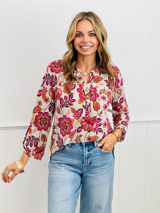 Dear Scarlett Beige Button 3/4 Sleeve Lizzy Top (Reg.)