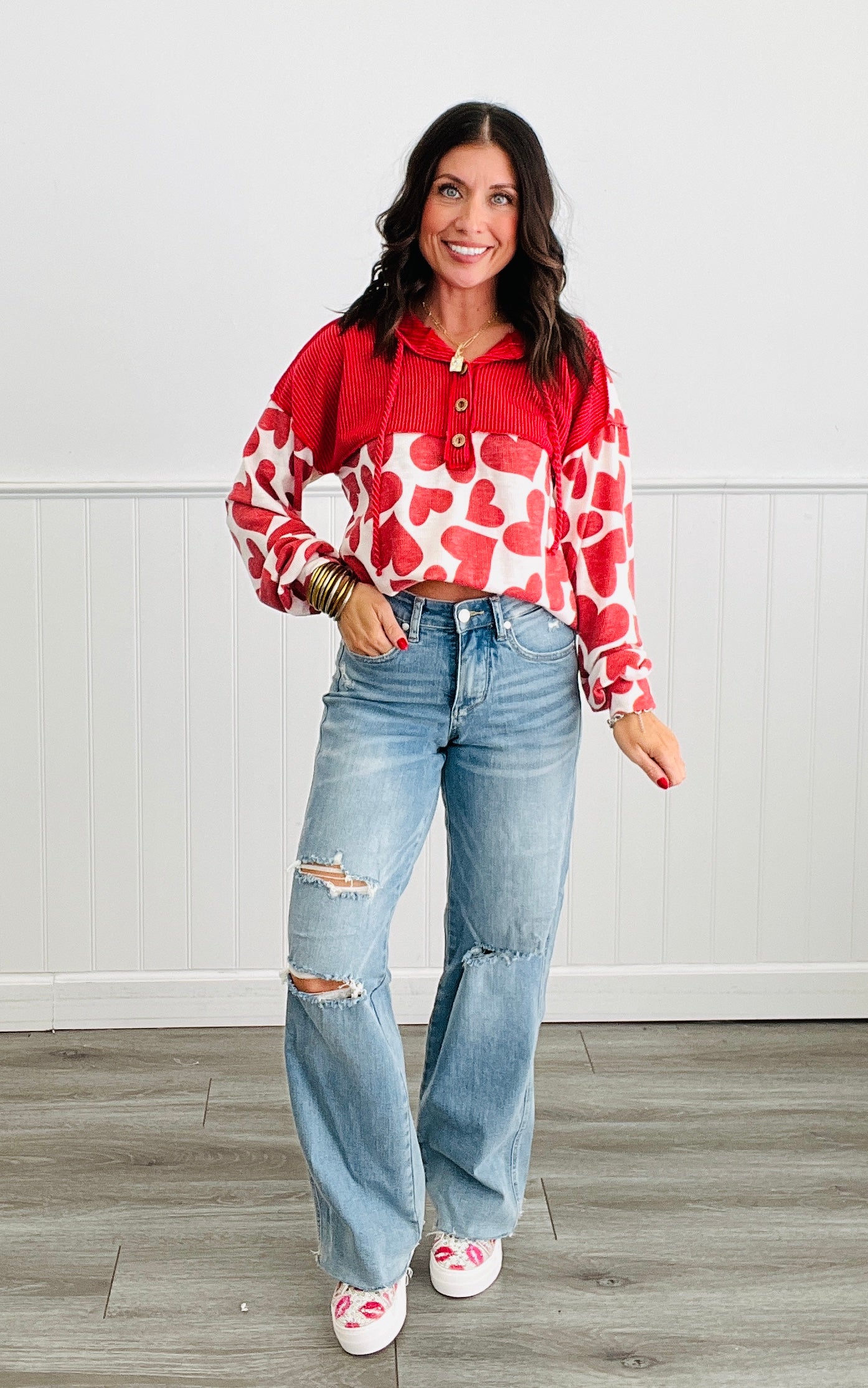 Ivory/Red Ribbed Trim Hearts Hoodie Top (Reg & Plus)