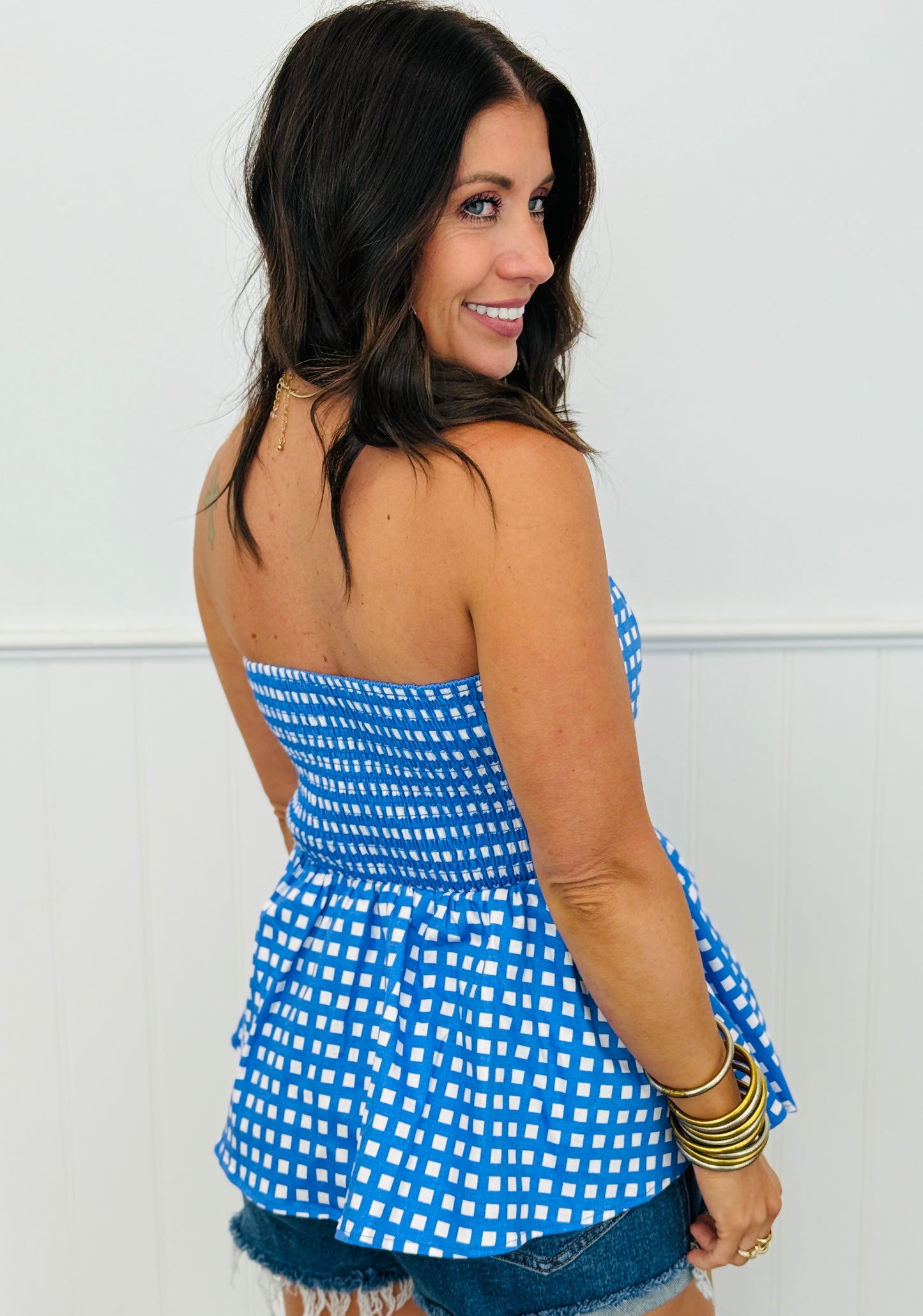 Checkered Strapless Peplum Top (Reg.)-2 Colors