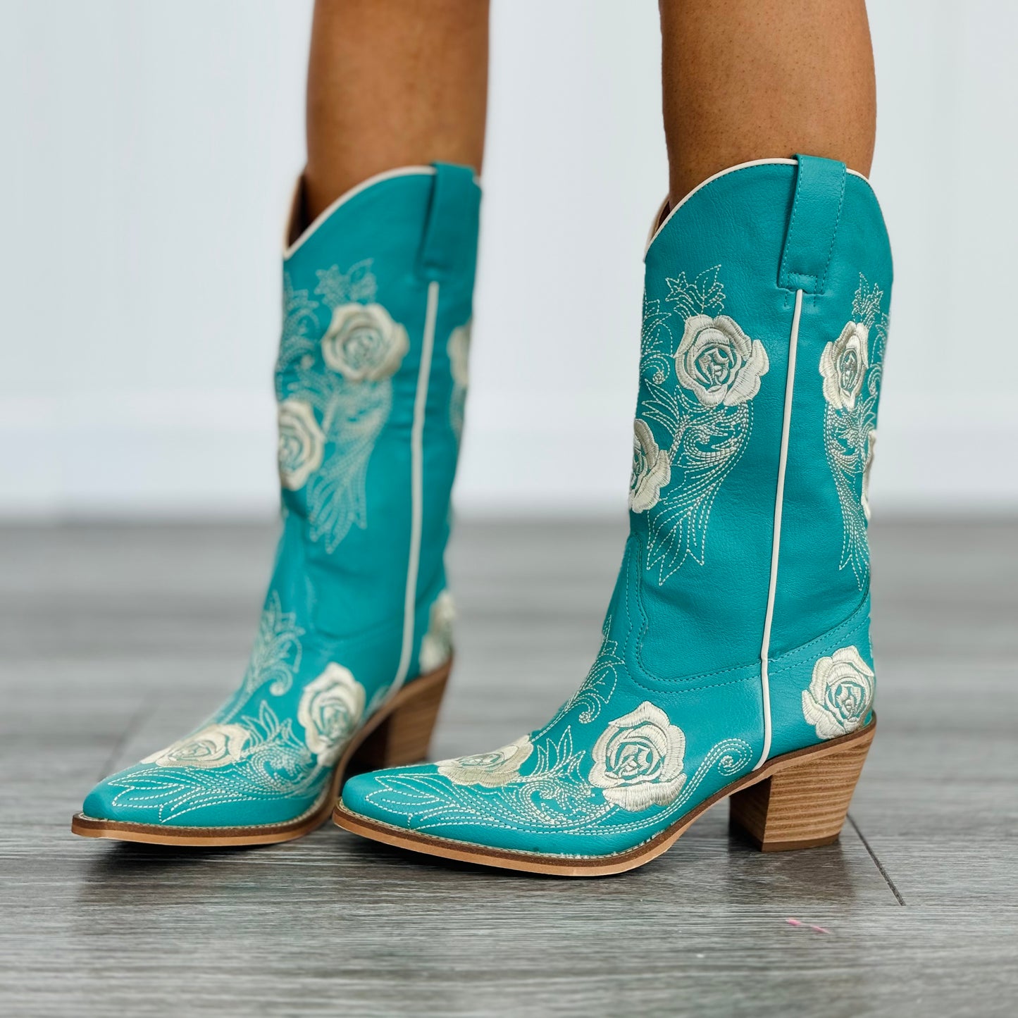 Turquoise Floral Embroidered Boots Walker Rose Boutique