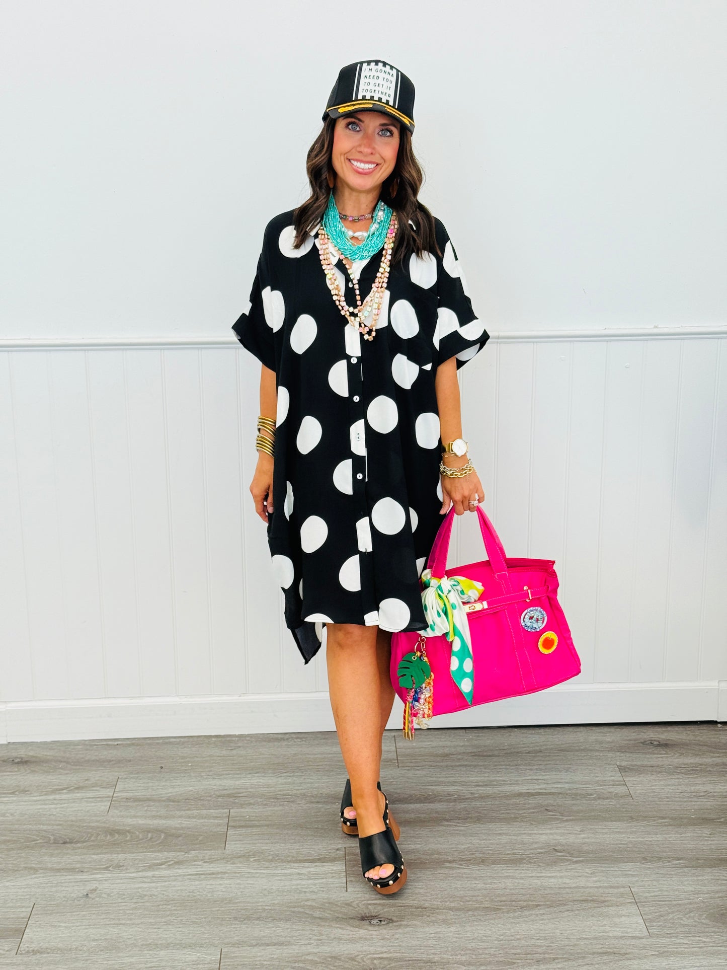 Black/White Polka Dot Shirt Dress (Reg & Plus)