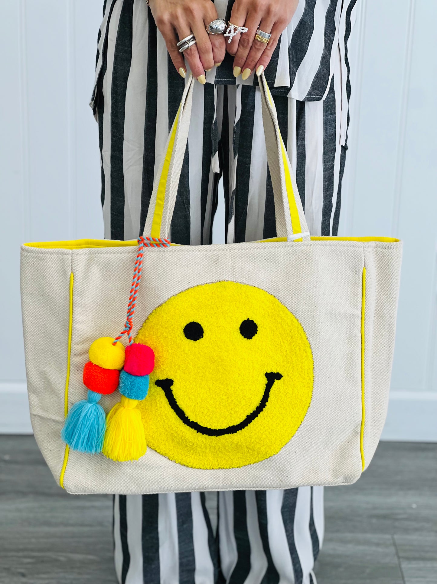 Happy Face Chenille Patch Oversized Tote Bag