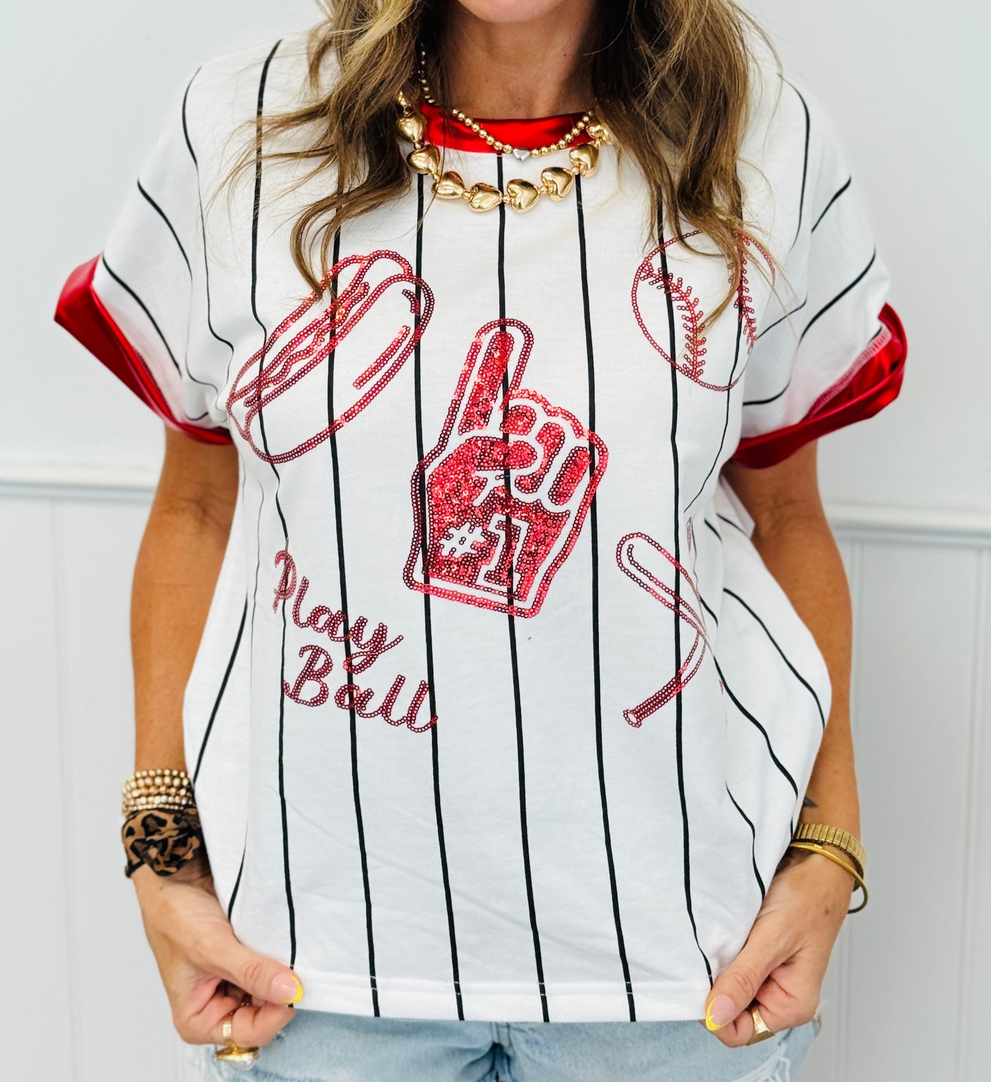 Striped Sequin Baseball Elements Top (Reg. and Plus)