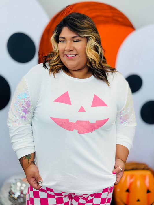 White Jack-O-Lantern Sequin Sleeves Sweatshirt (Reg. and Plus)
