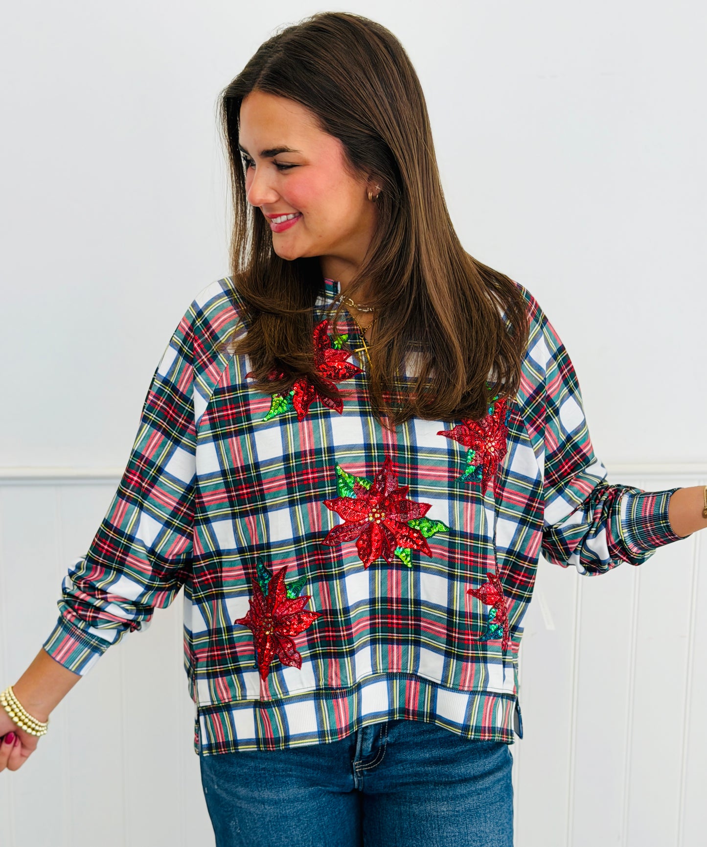 Plaid Poinsettia French Terry Pullover (Reg. and Plus)