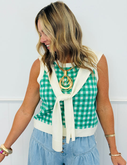 Green Gingham Faux Sweater Sleeveless Top (Reg.)