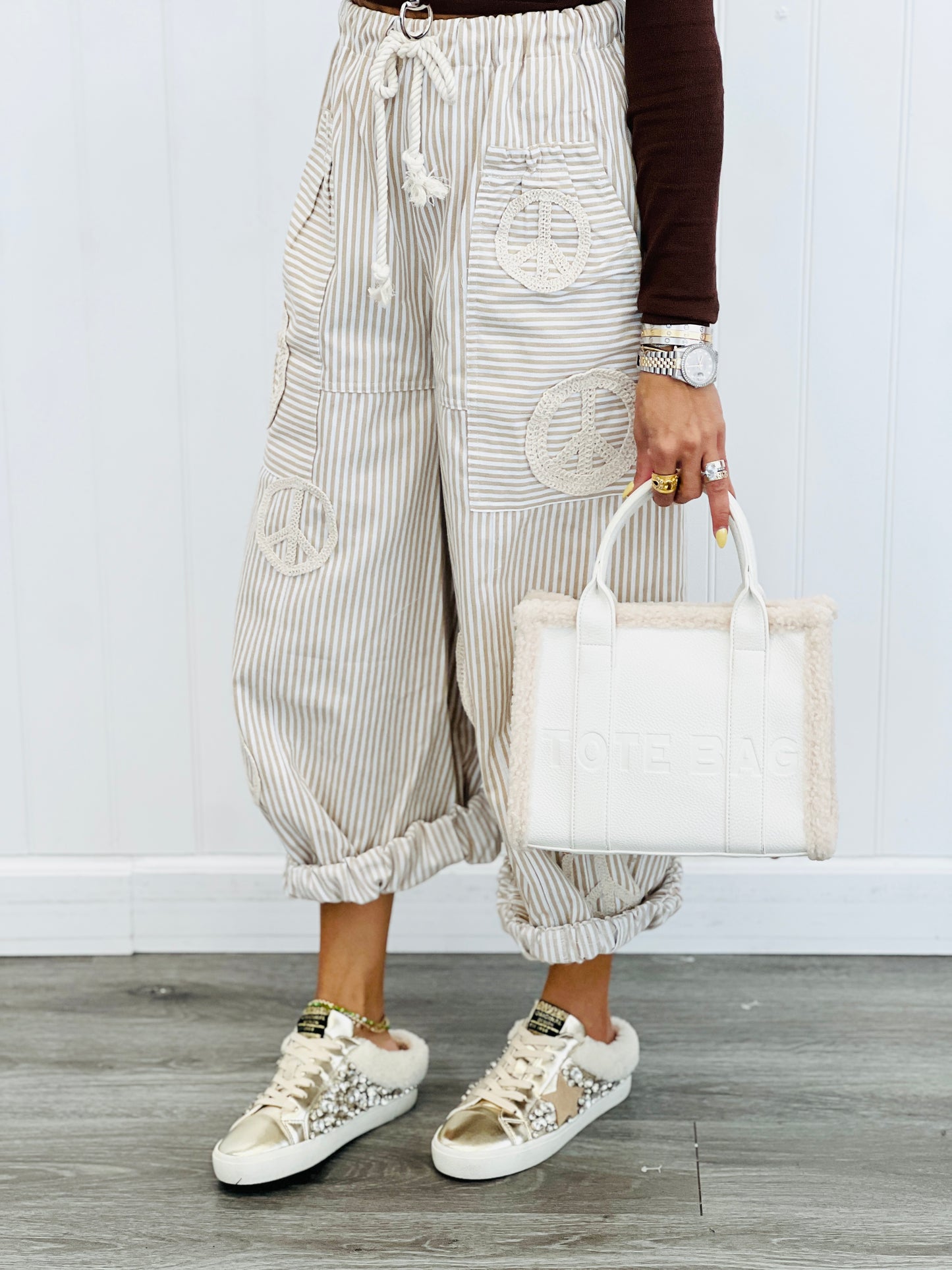 Taupe/Ivory Peace Sign Pinstripe Palazzo Pants (Reg. and Plus)
