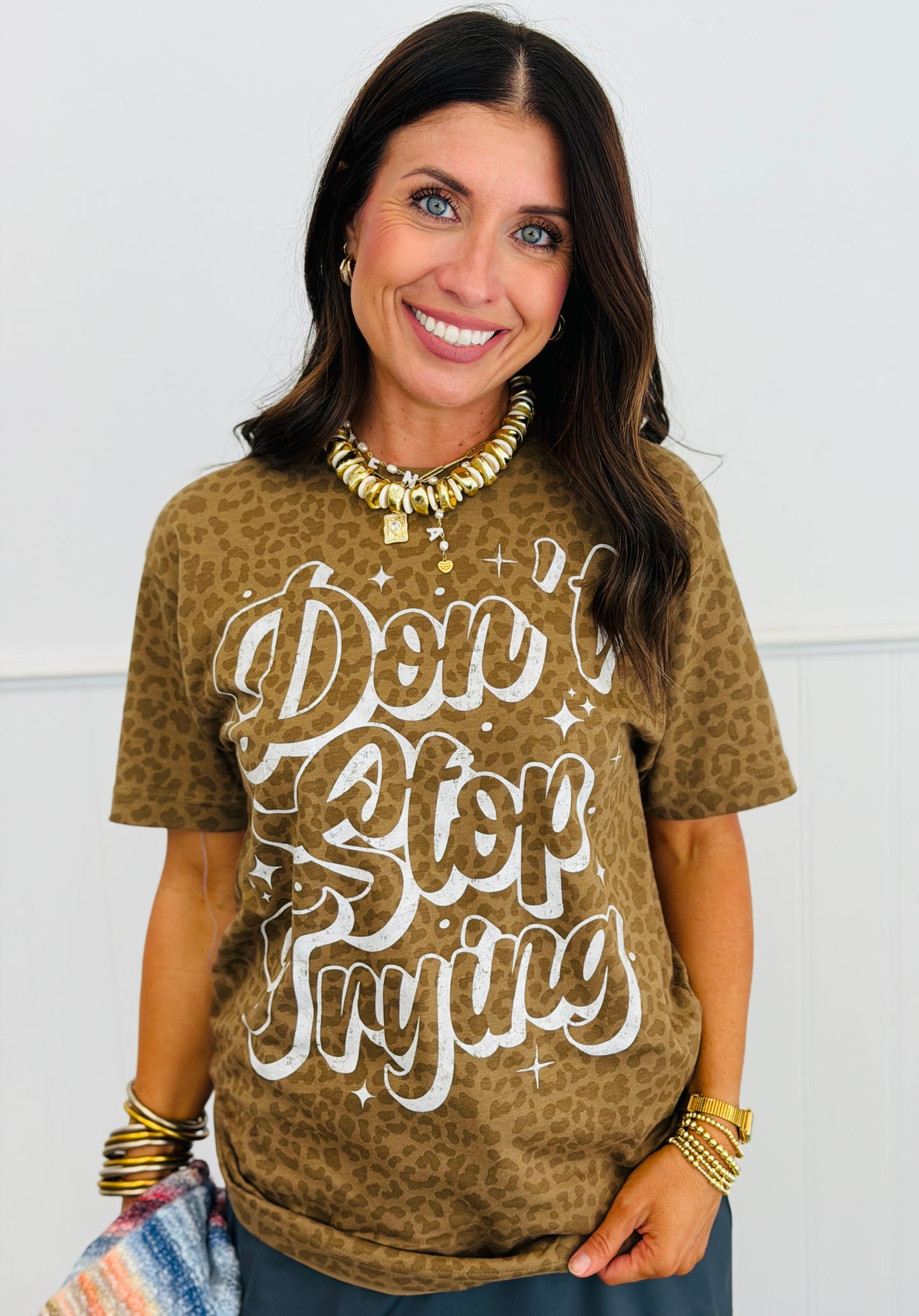 Don’t Stop Trying Leopard Graphic Tee (Reg. and Plus)