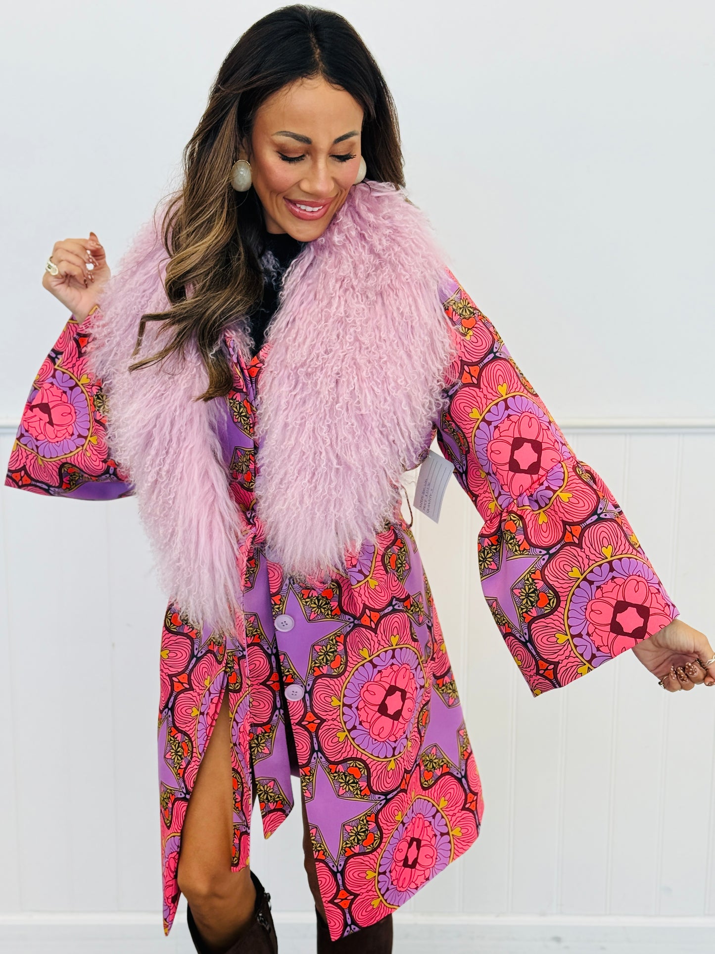 Pink Wool Coat Mongolian Fur Collar (Reg. and Plus)