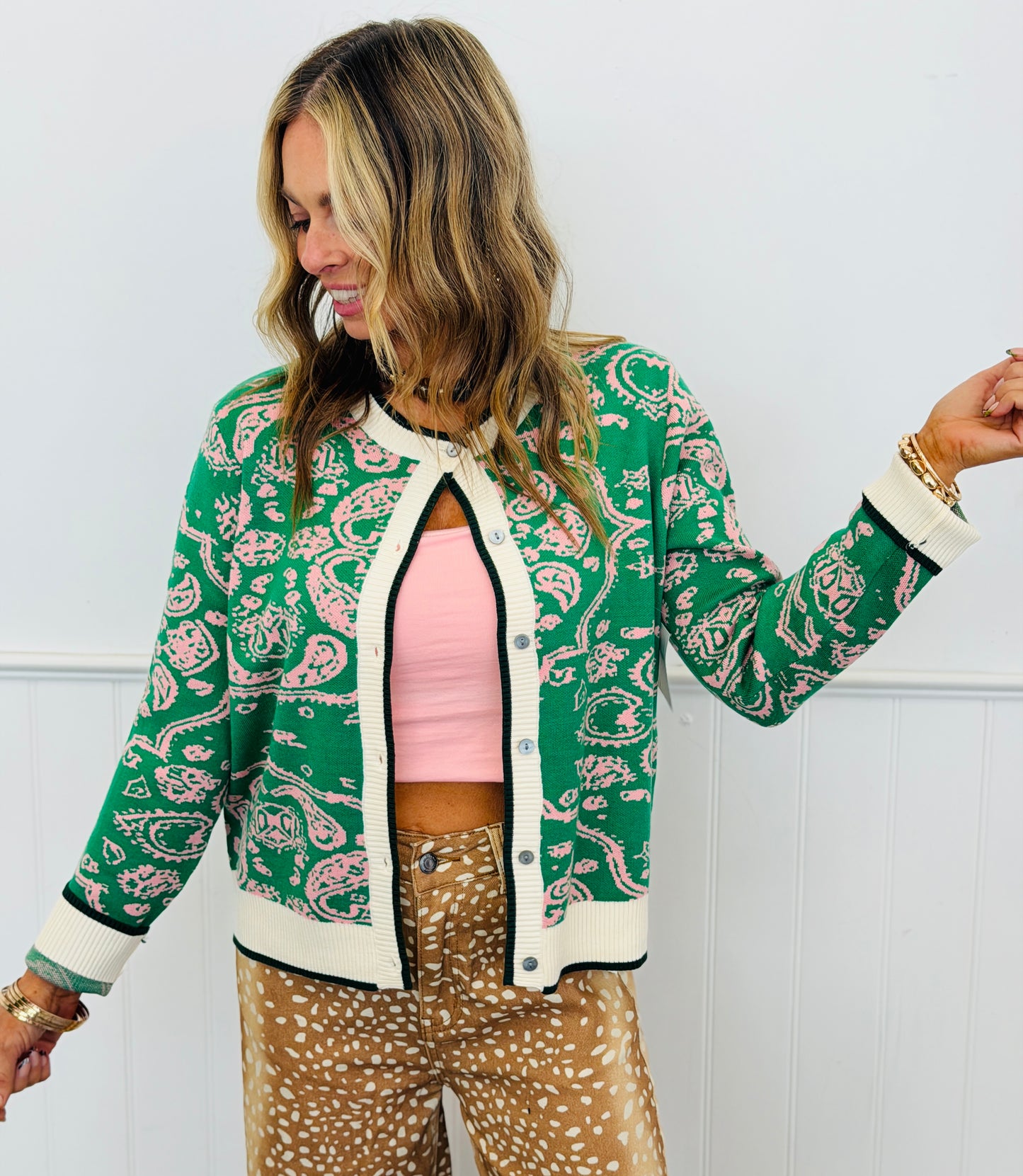 Green Rose Paisley Knit Sweater Cardigan (Reg.)