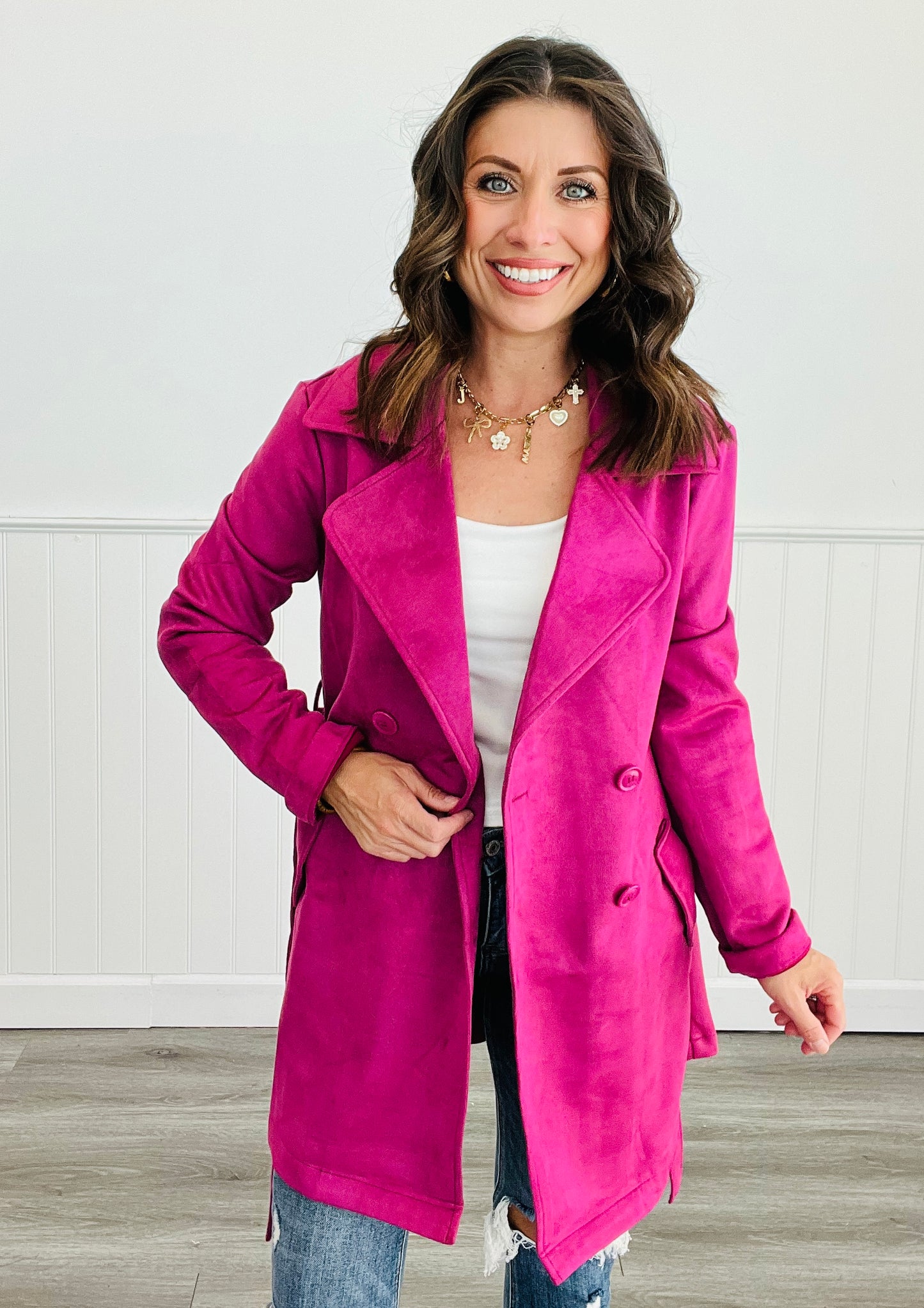 Magenta Suede Trench Coat (Reg)