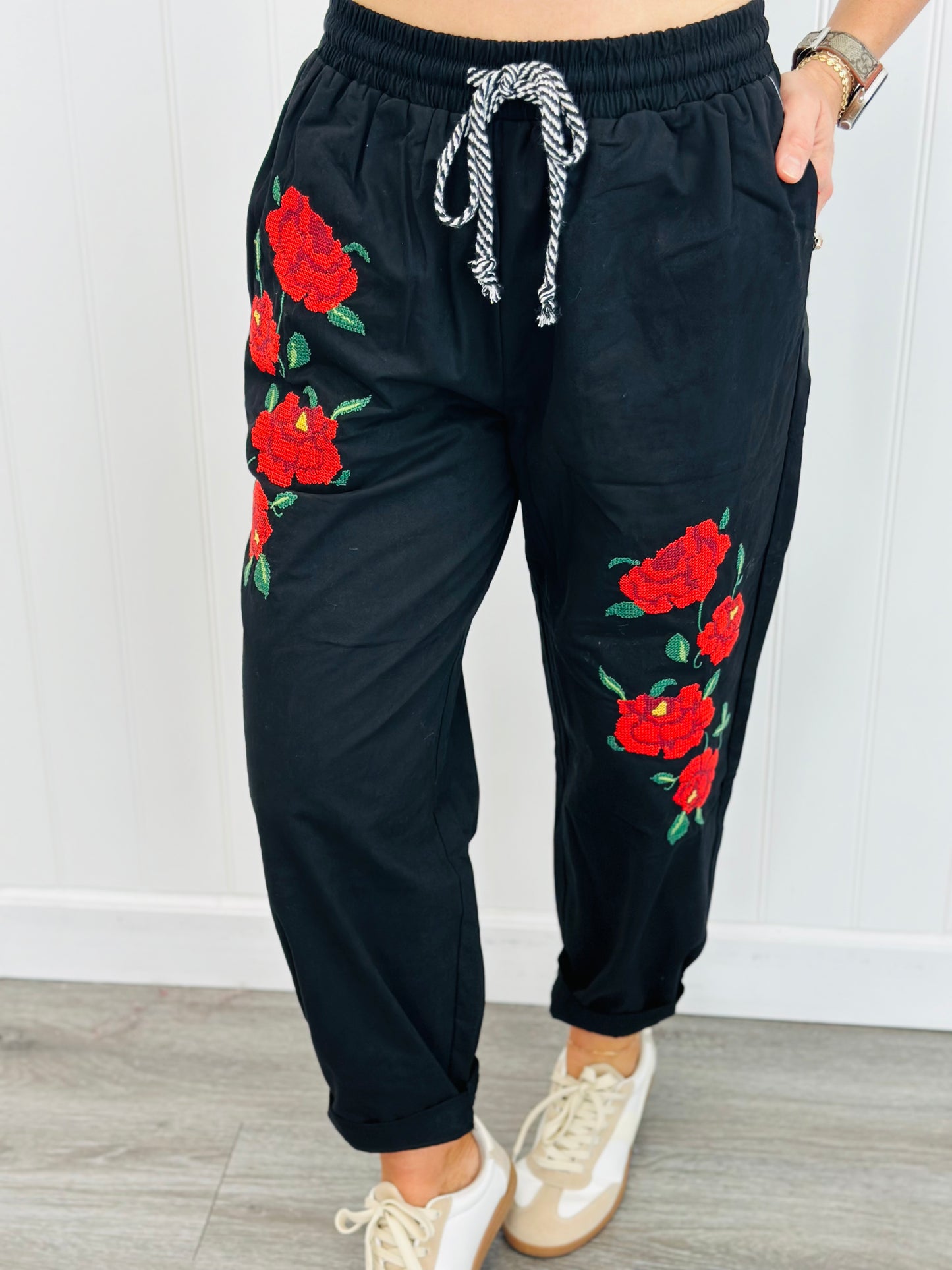 Embroidered Roses Jogger Pants (Reg & Plus)-2 Colors