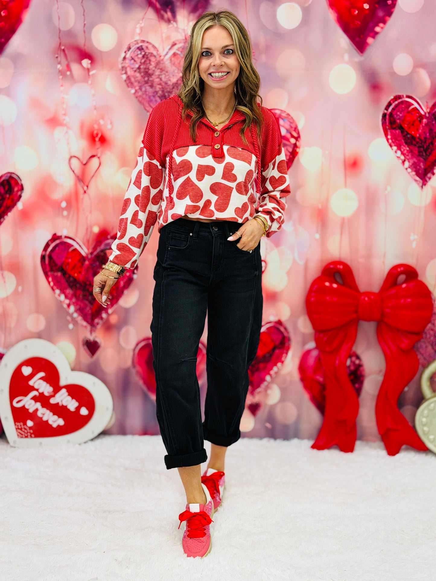 Ivory/Red Ribbed Trim Hearts Hoodie Top (Reg & Plus)